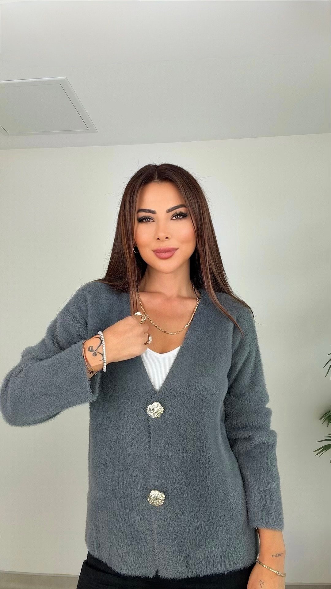 Lushi Düğmeli Yumoş Kadın Gri Hırka