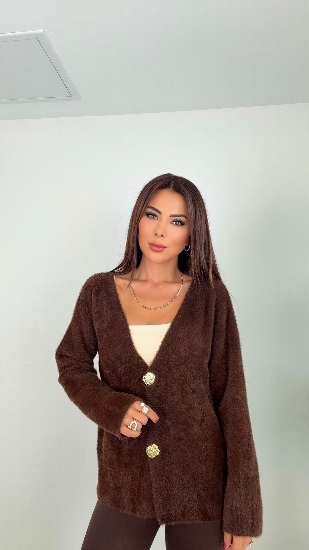Lushi Düğmeli Yumoş Kadın Kahverengi Hırka
