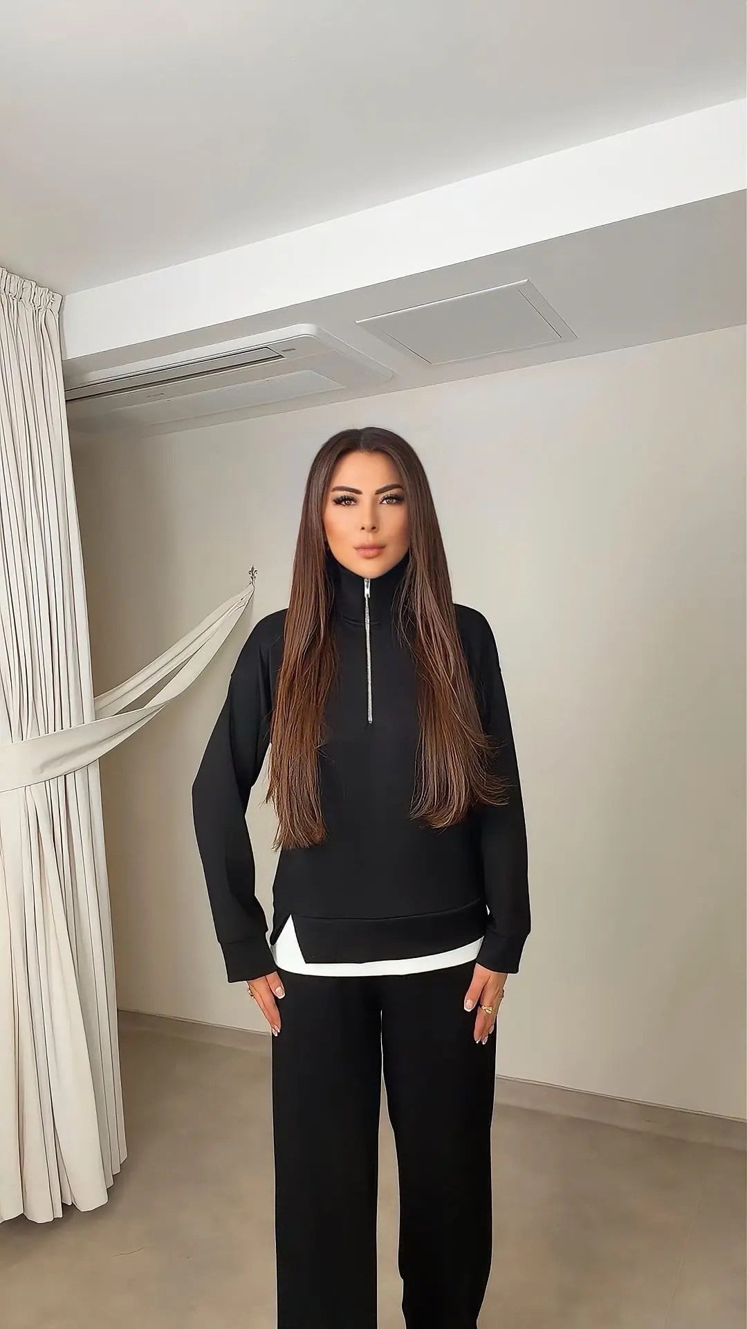 Madoni Modal Yarım Fermuarlı Kadın Siyah Takım