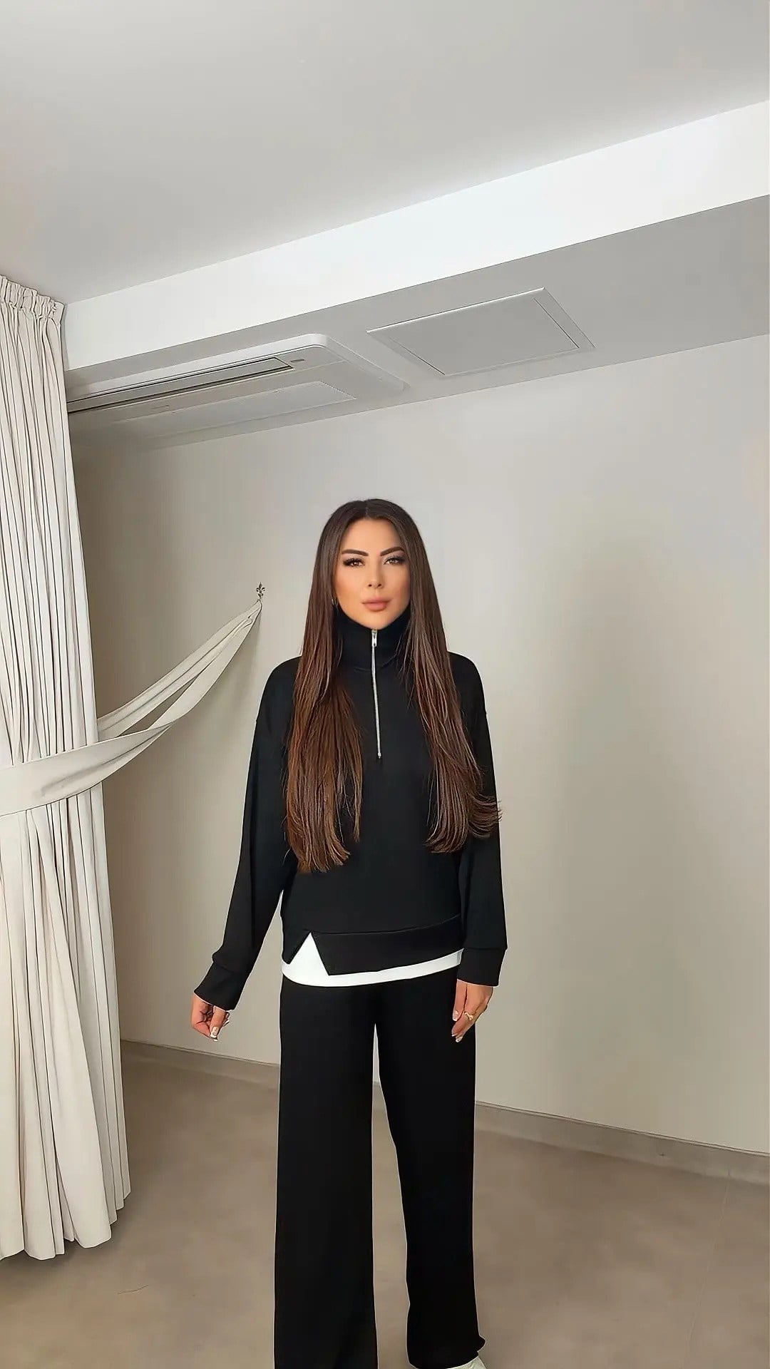 Madoni Modal Yarım Fermuarlı Kadın Siyah Takım