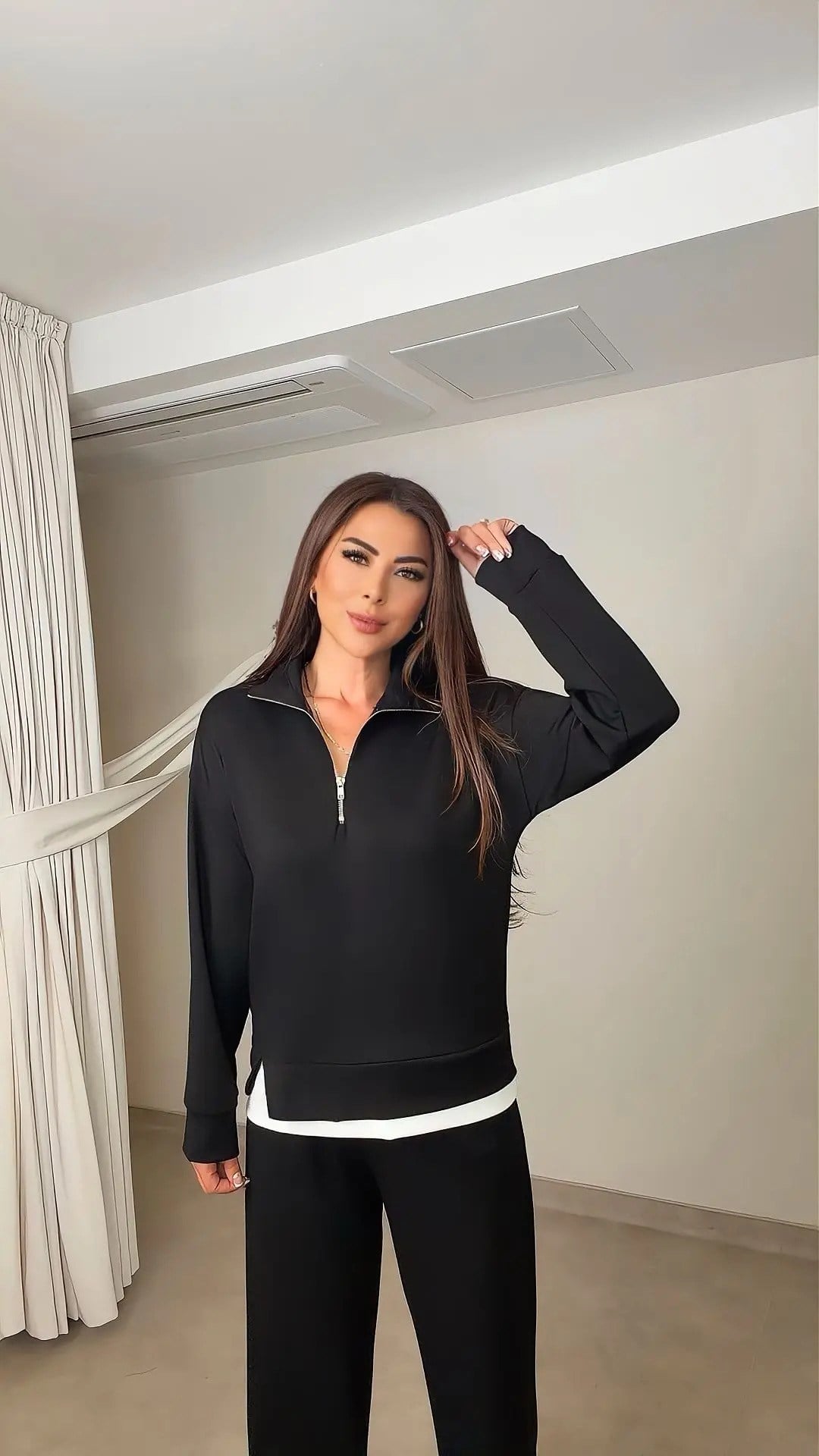 Madoni Modal Yarım Fermuarlı Kadın Siyah Takım