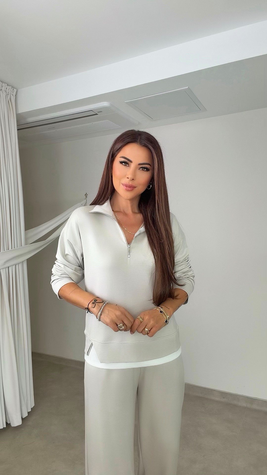 Madoni Modal Yarım Fermuarlı Kadın Taş Rengi Takım