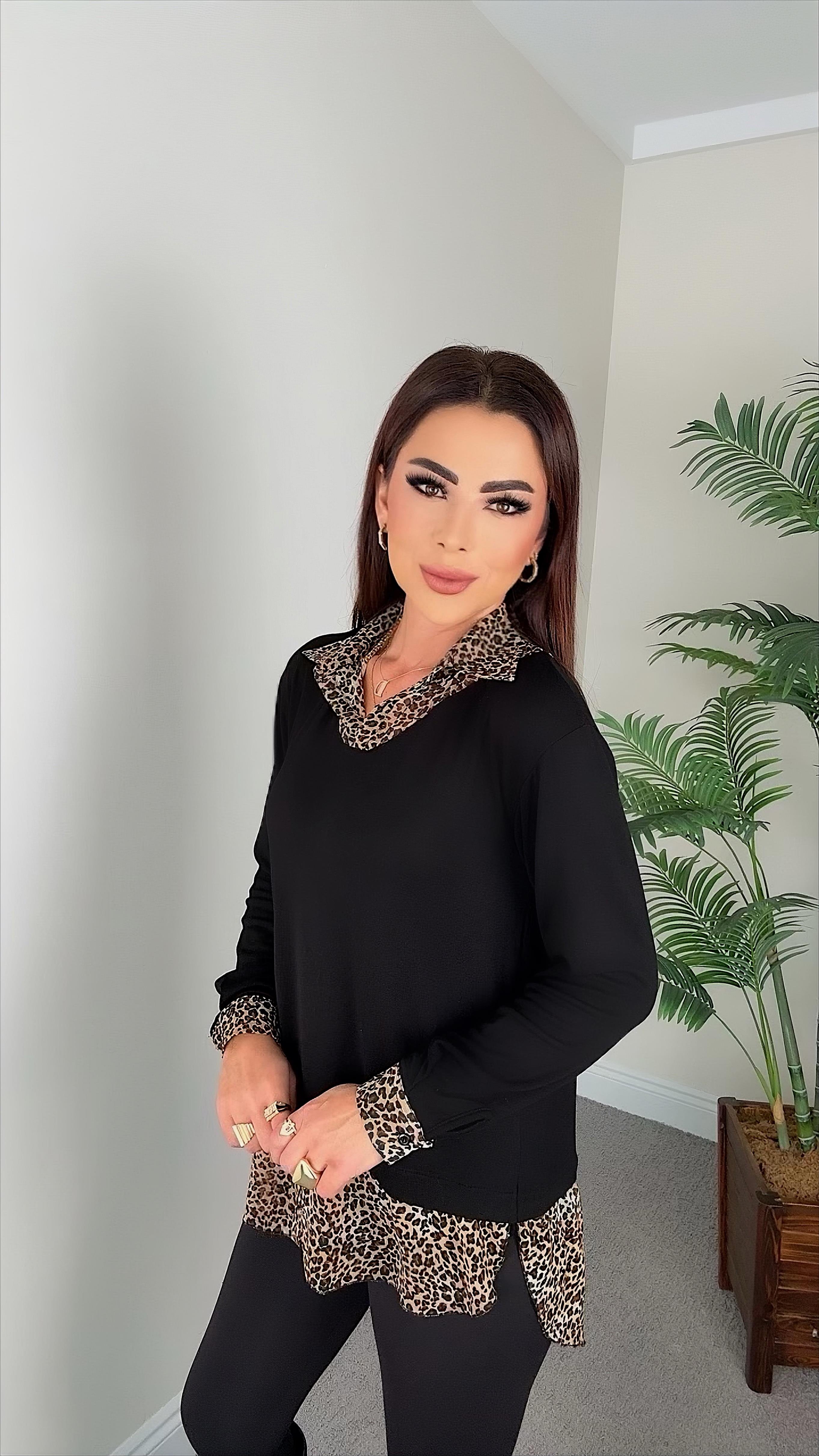 Maja Kadın Leopar Desenli Gömlek Yaka Şifon Detaylı Tunik