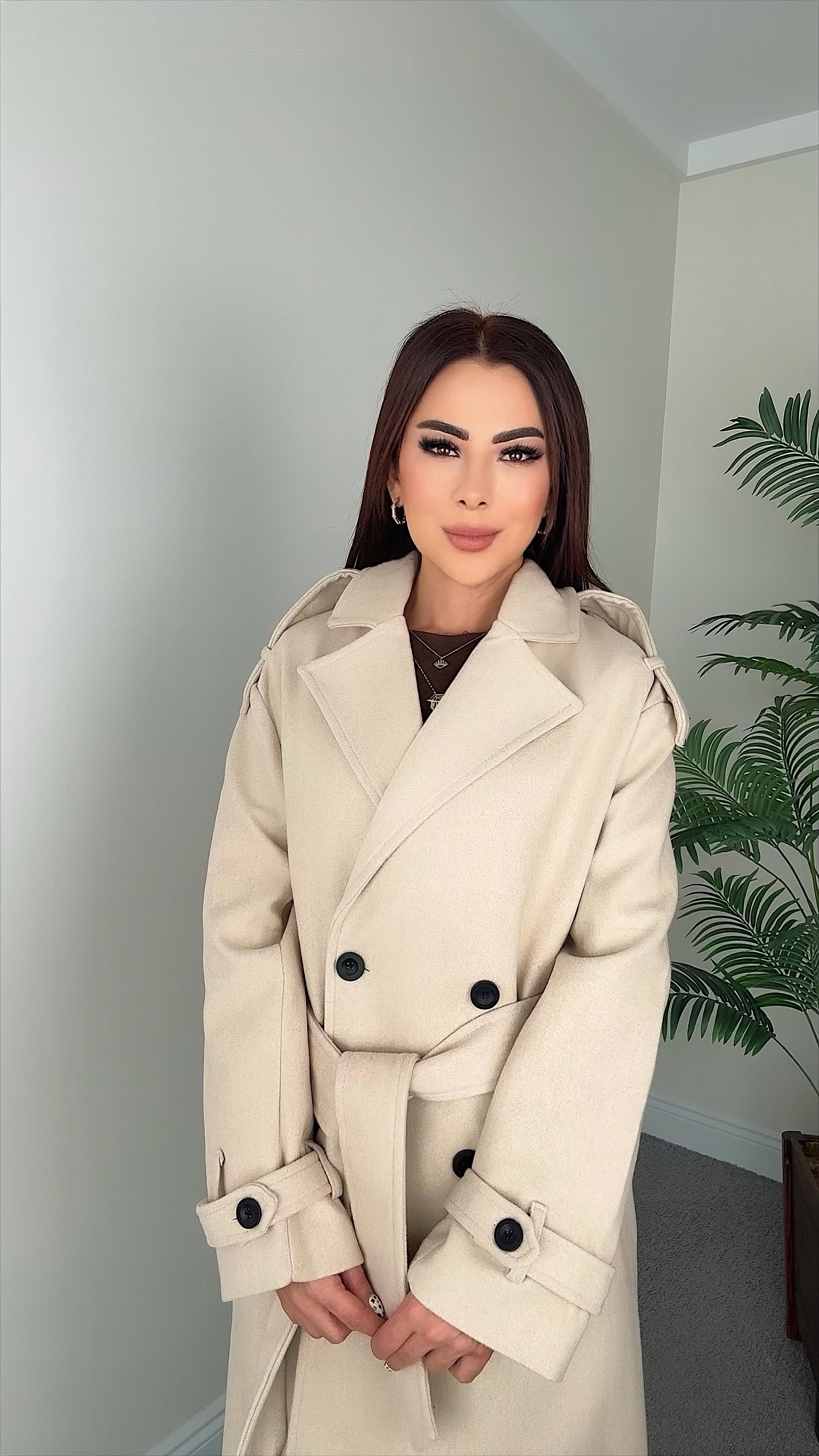 Marian Kadın Kuşaklı Bej Kaşe Kaban
