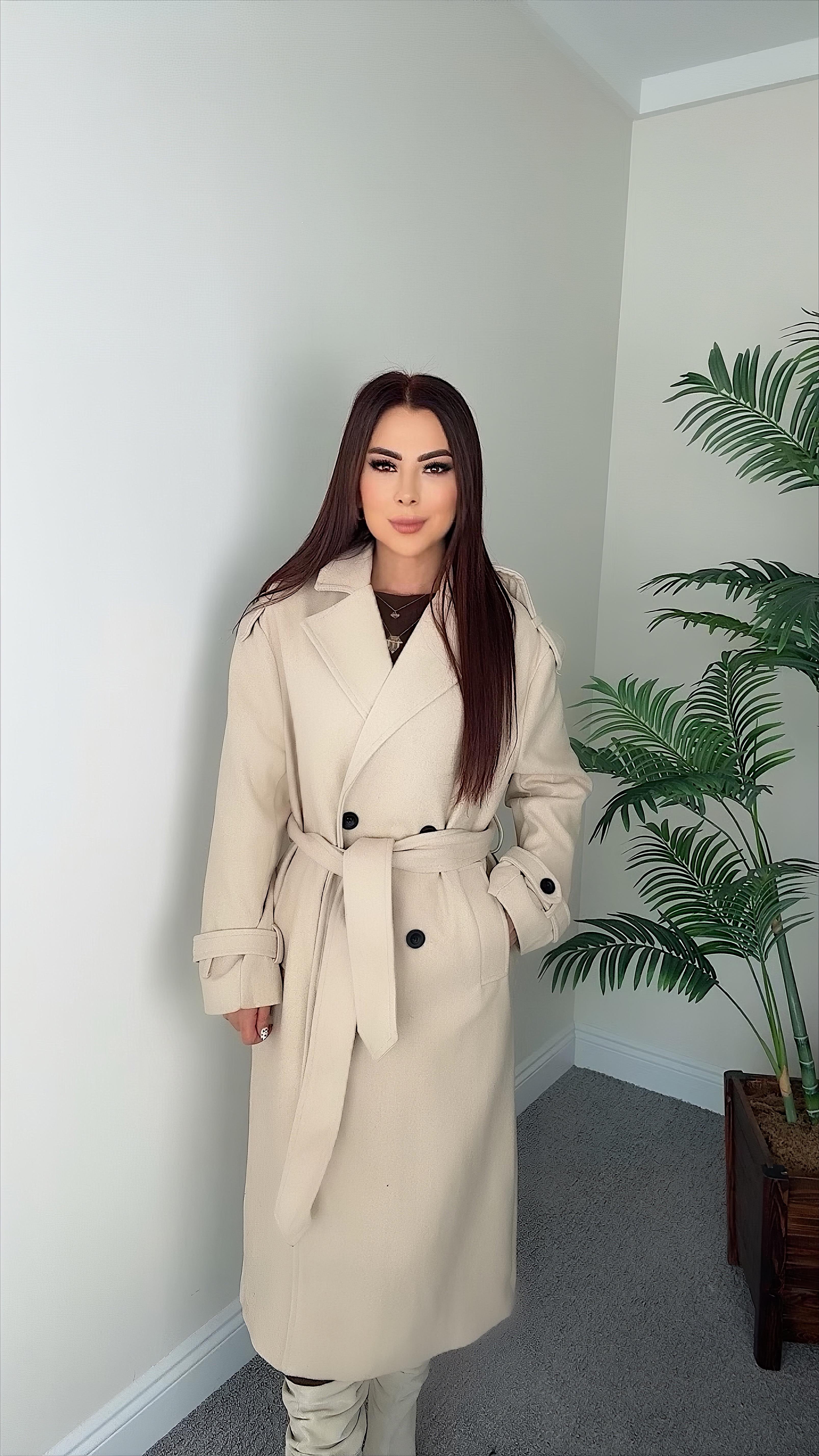 Marian Kadın Kuşaklı Bej Kaşe Kaban