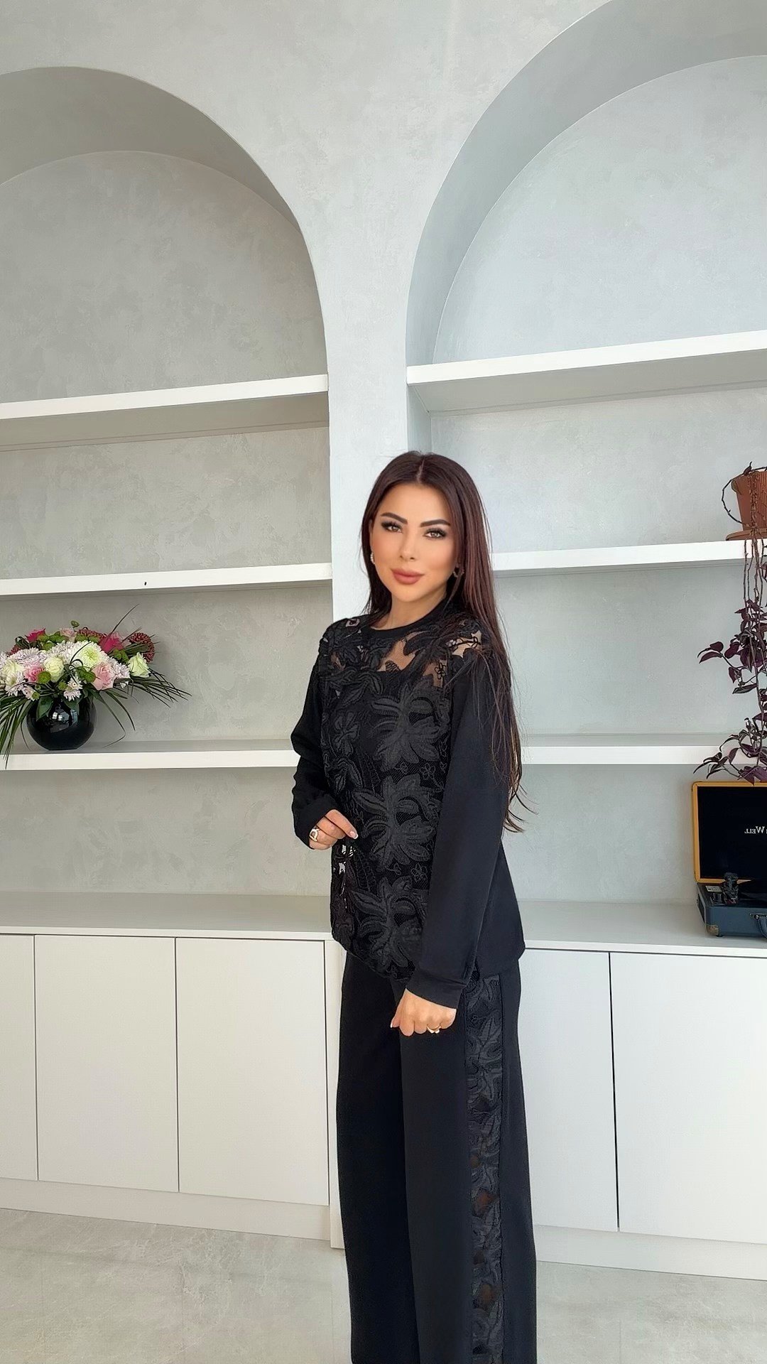 Masere Kadın Güpür Detaylı Siyah İkili Takım