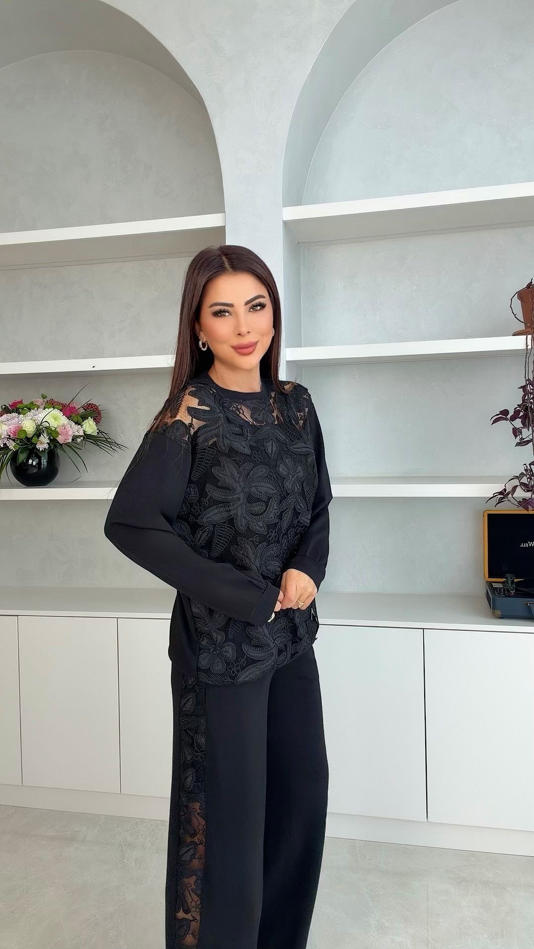 Masere Kadın Güpür Detaylı Siyah İkili Takım