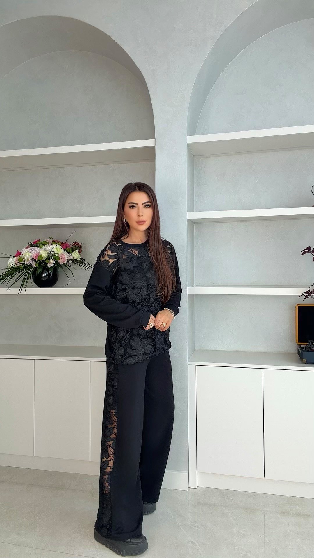 Masere Kadın Güpür Detaylı Siyah İkili Takım
