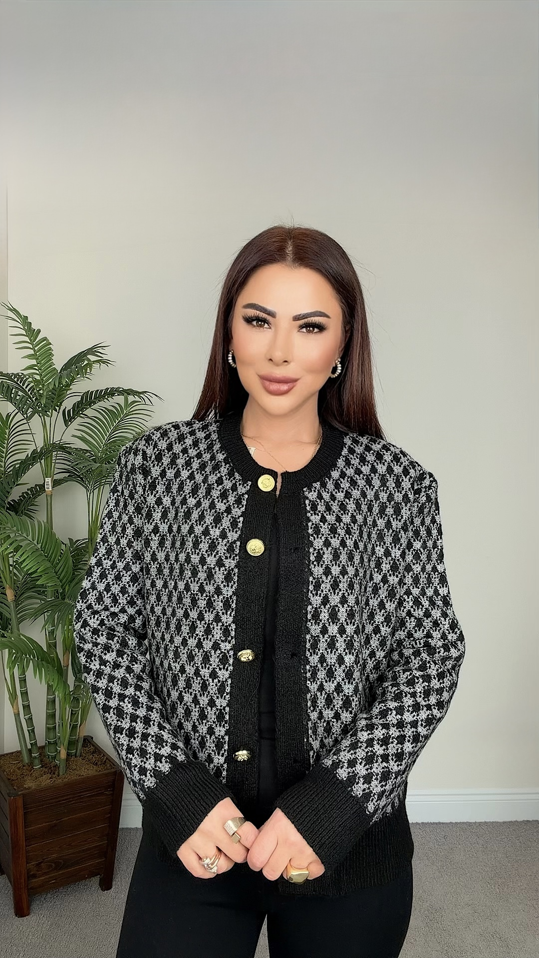Meka Kadın Gold Düğmeli Siyah Gri Desenli Hırka
