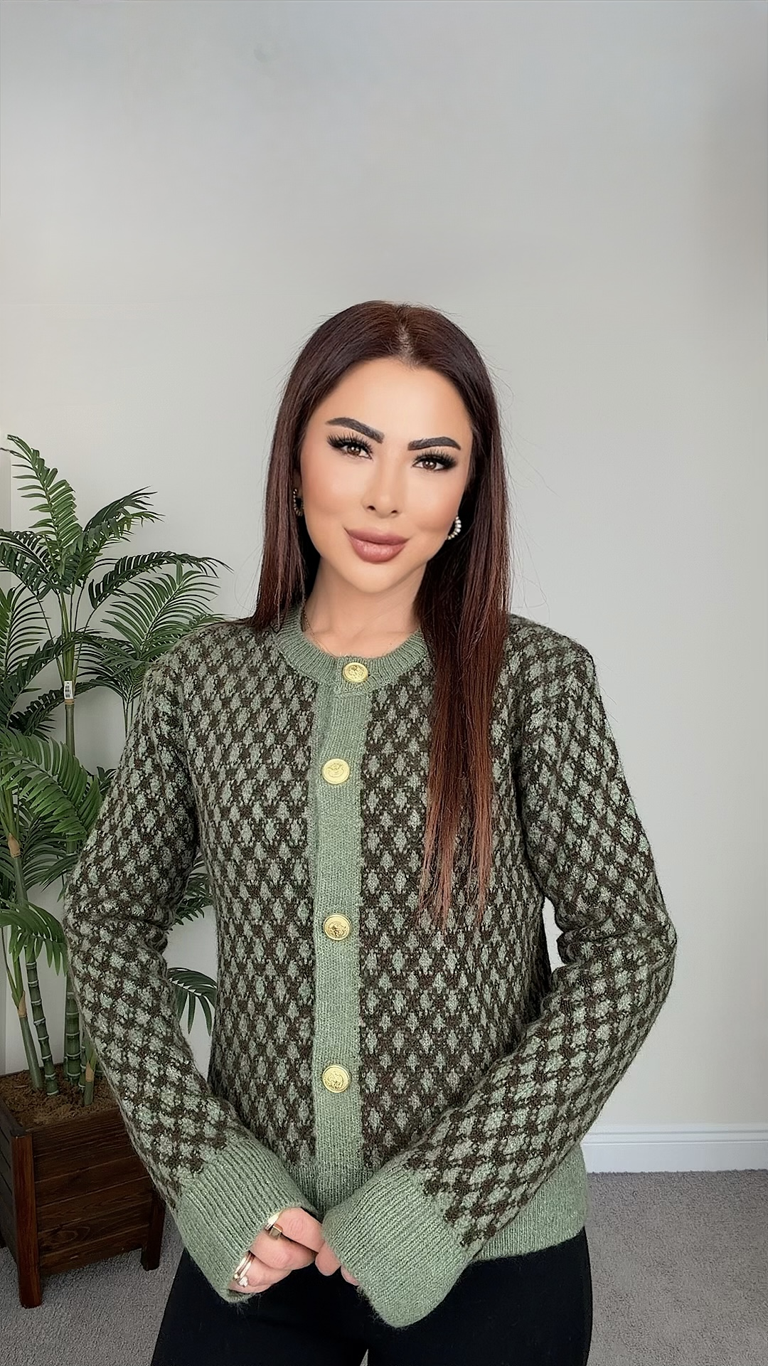 Meka Kadın Gold Düğmeli Yeşil Kahverengi Desenli Hırka