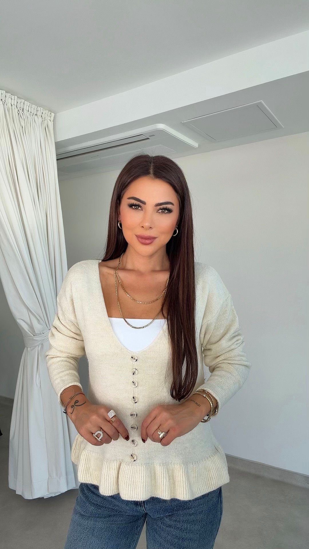 Meyro Fırfır Detaylı Kadın Ekru Triko Kazak