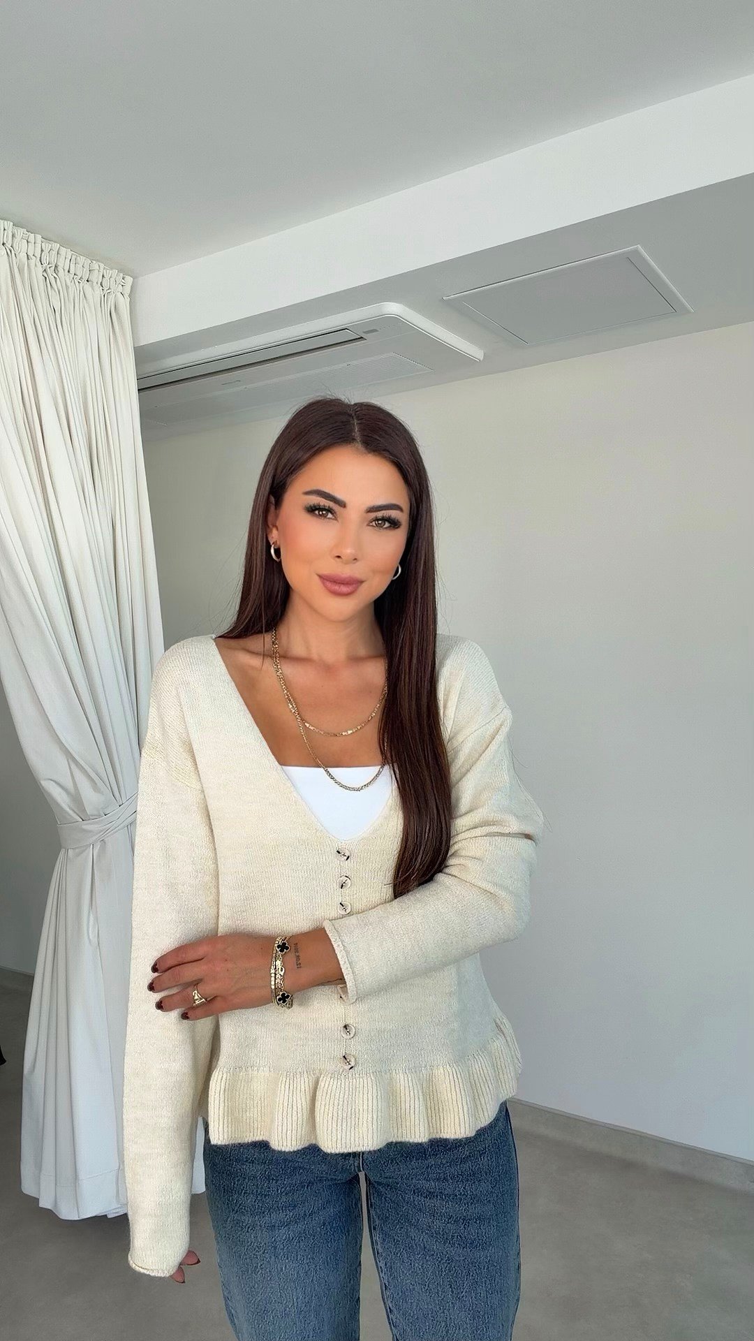 Meyro Fırfır Detaylı Kadın Ekru Triko Kazak