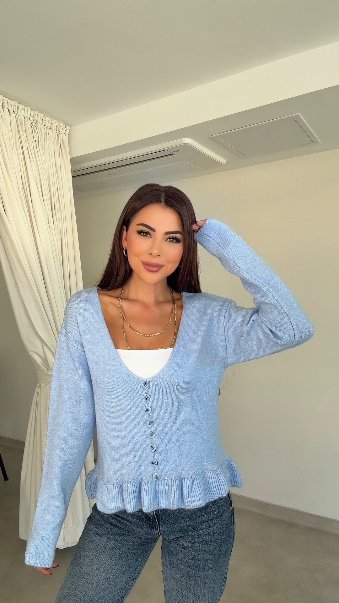 Meyro Fırfır Detaylı Kadın Mavi Triko Kazak