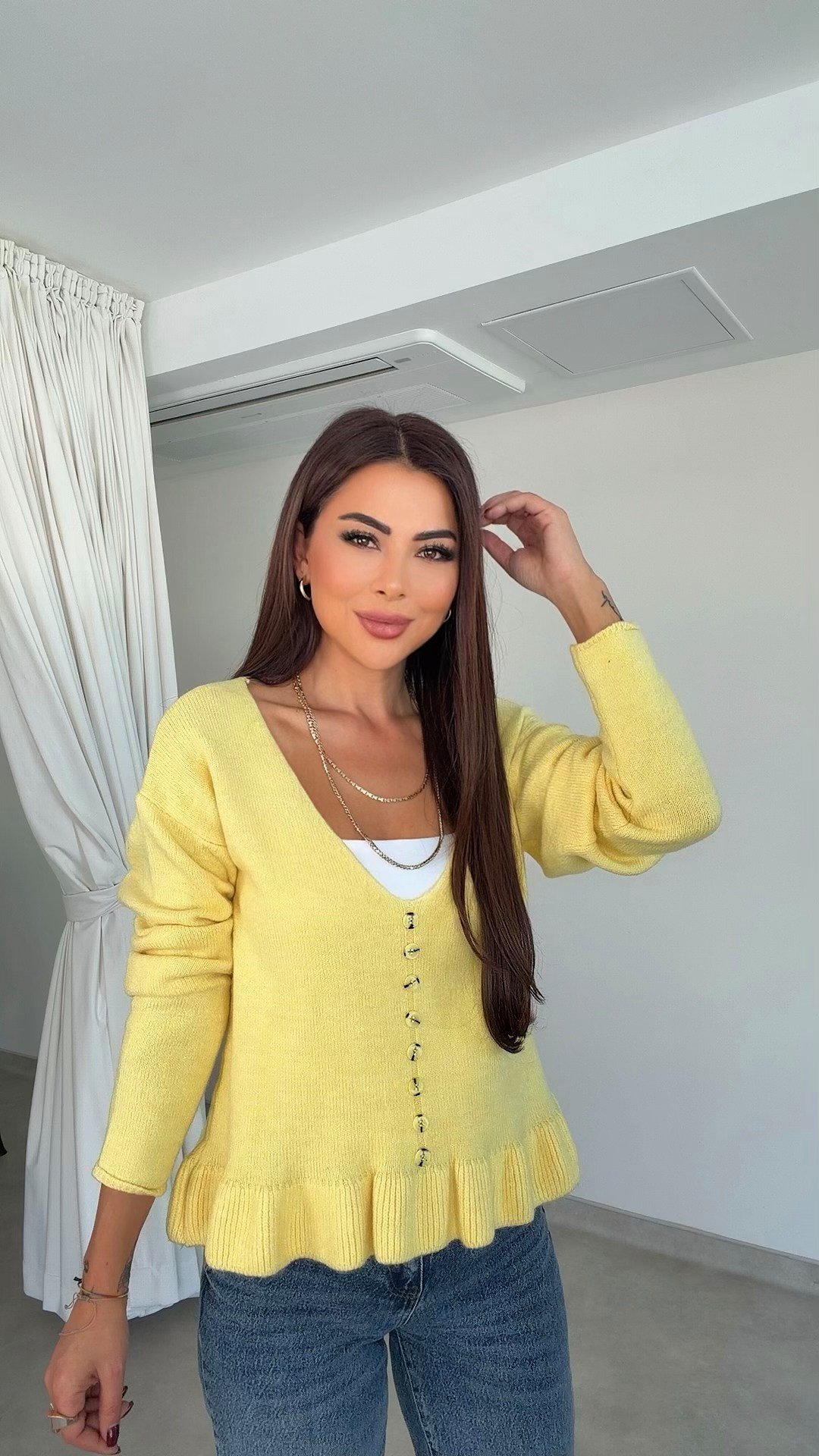 Meyro Fırfır Detaylı Kadın Sarı Triko Kazak