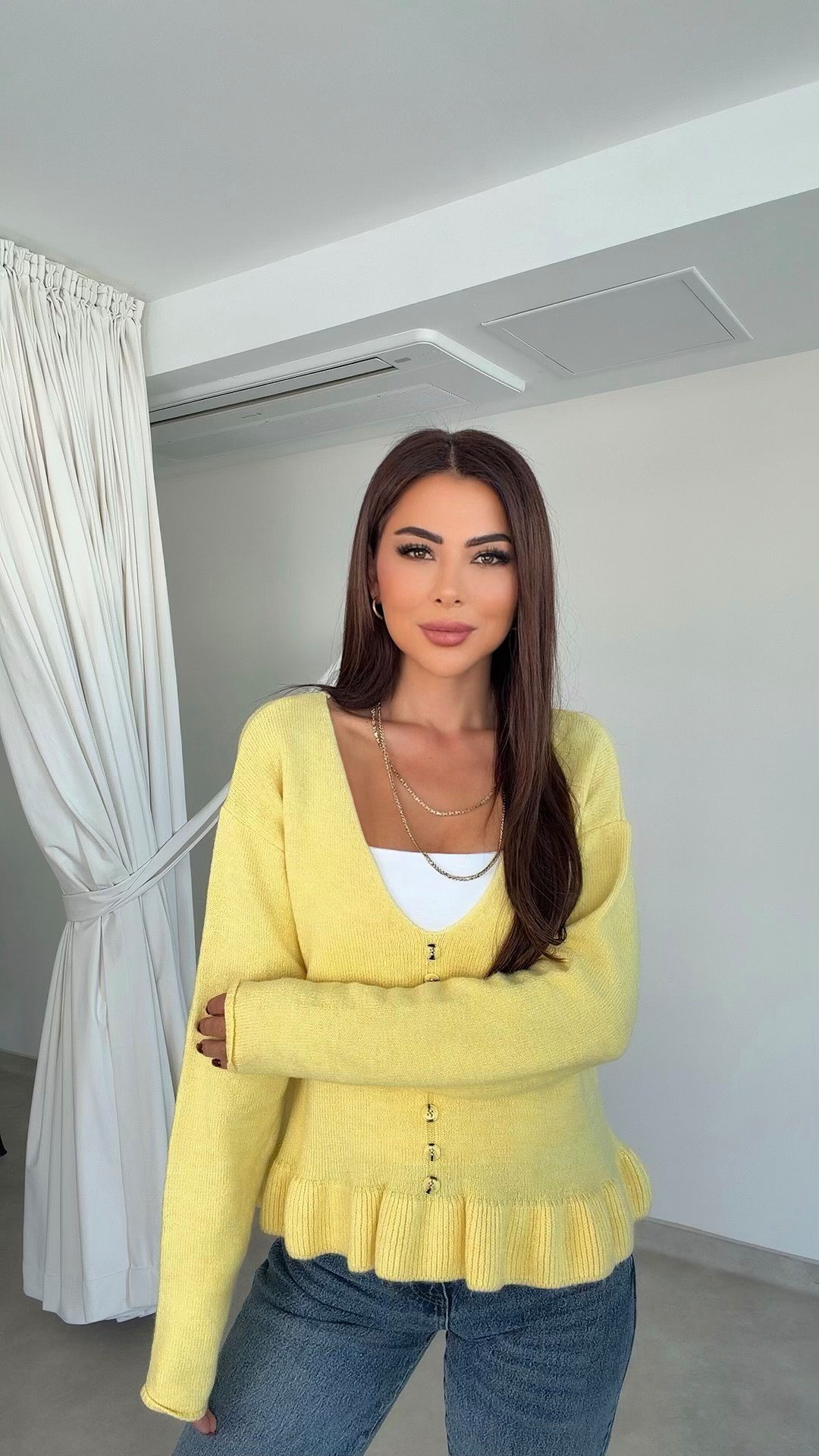 Meyro Fırfır Detaylı Kadın Sarı Triko Kazak