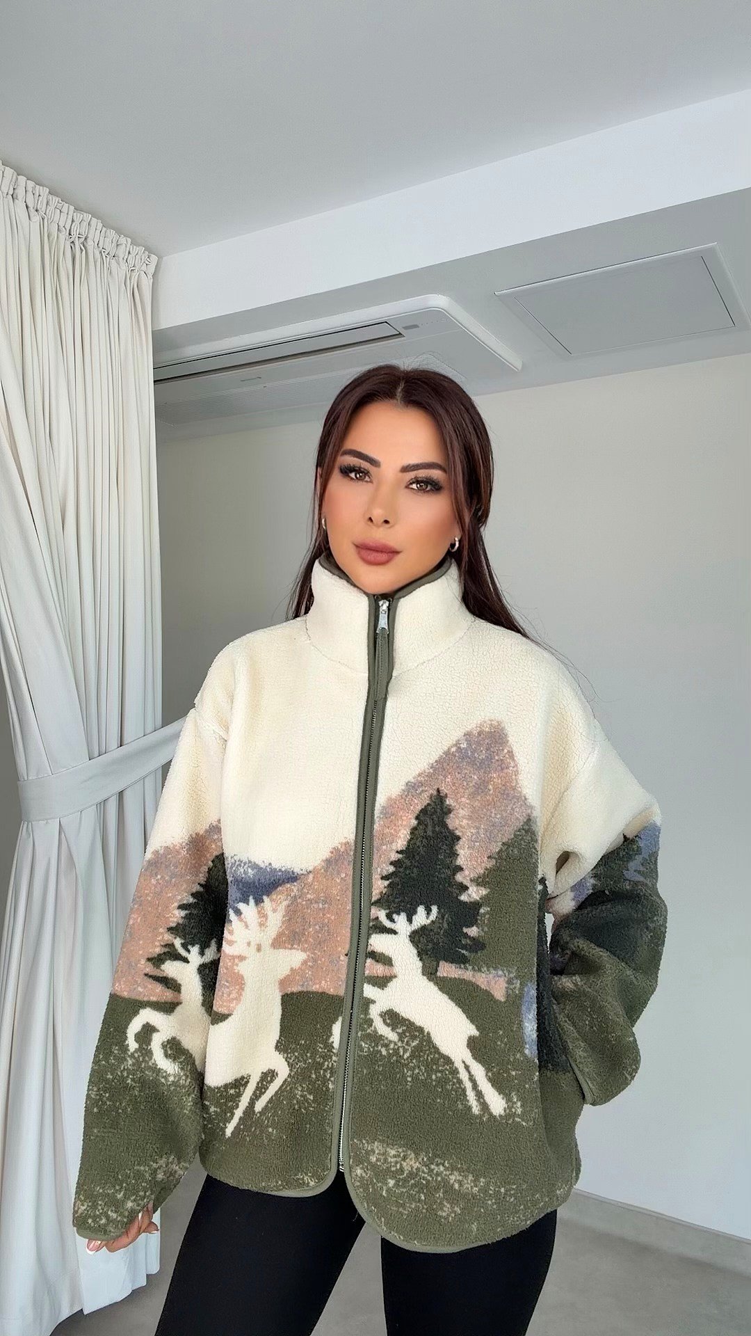 Minon Kadın Geyik Desenli Polar Ceket