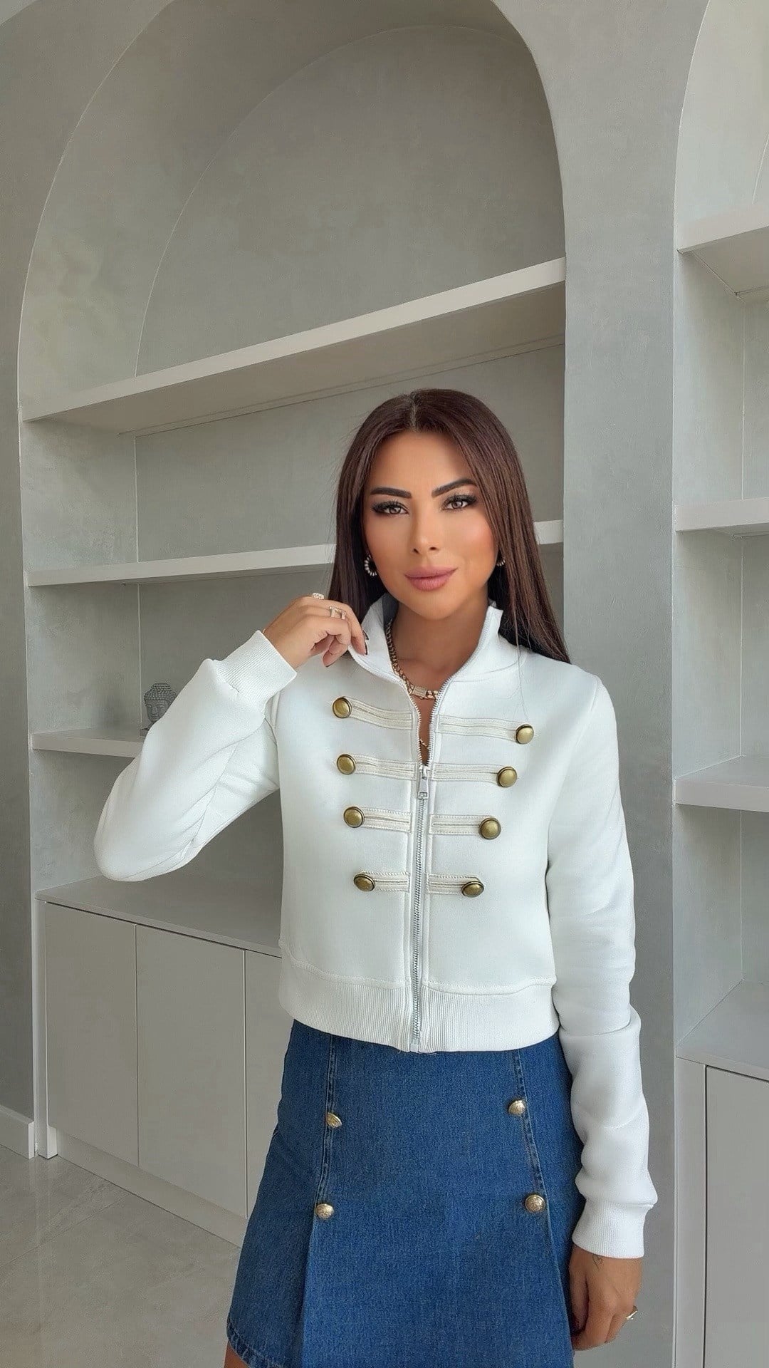 Mirev Kadın Gold Düğmeli Fermuarlı Ekru Ceket
