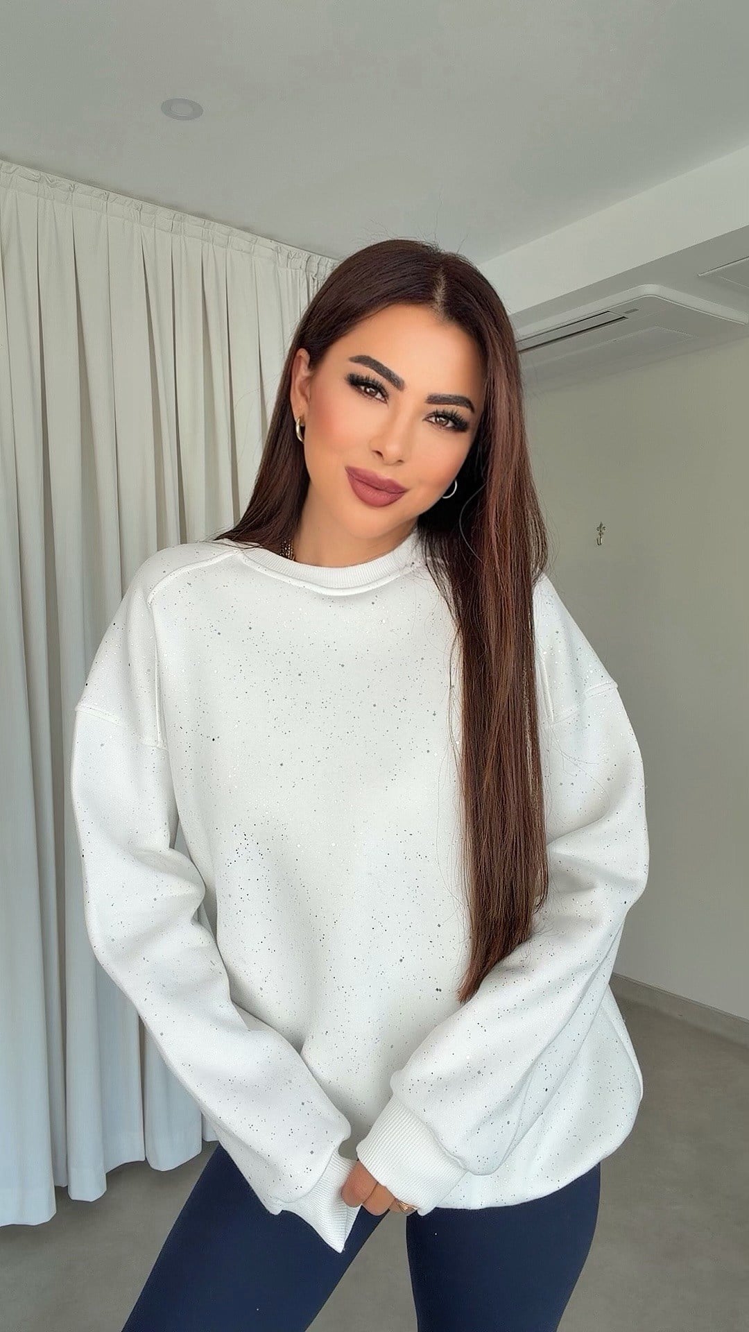 Moade Kadın Parıltılı Oversize Beyaz Sweat