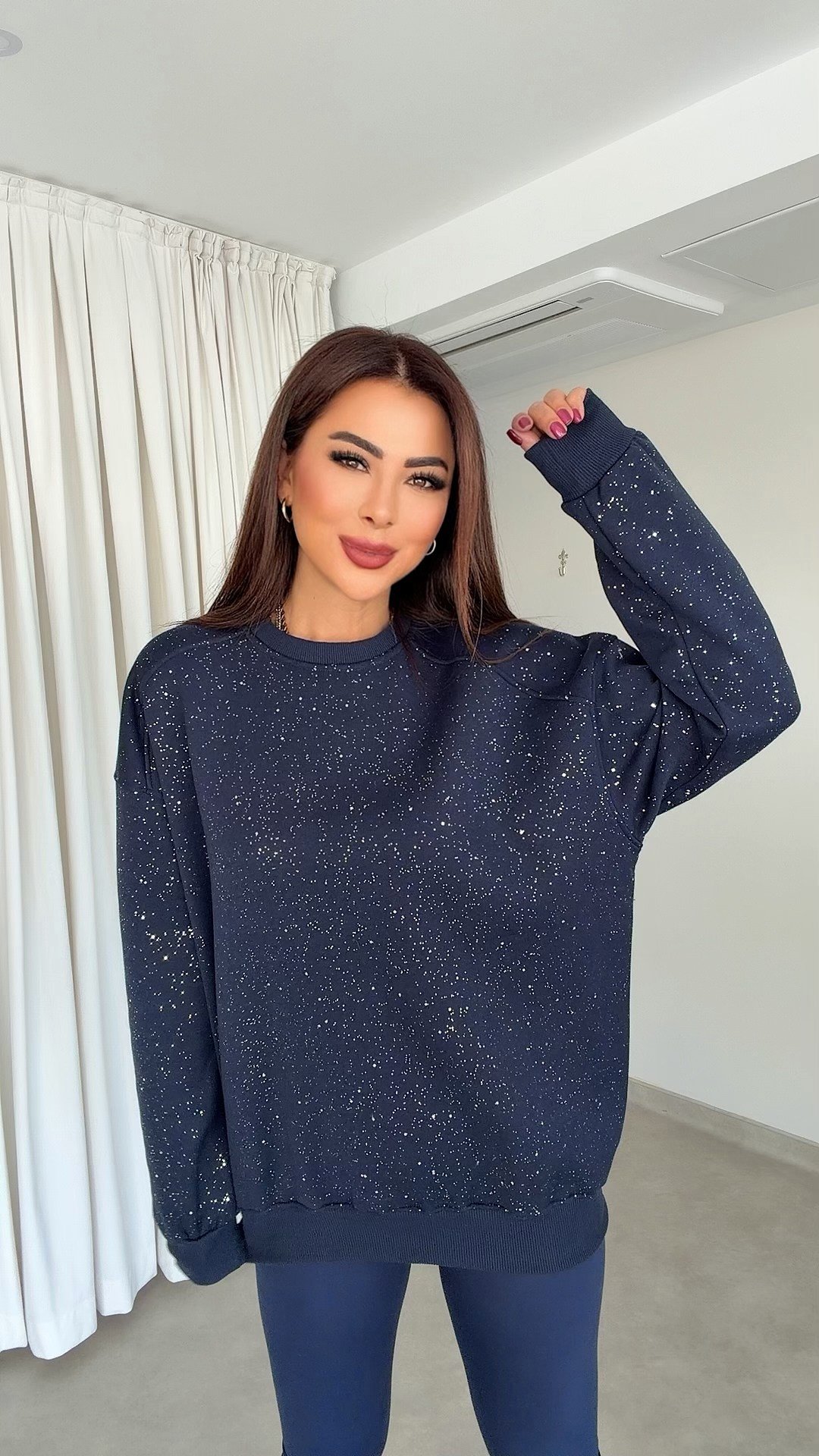 Moade Kadın Parıltılı Oversize Lacivert Sweat