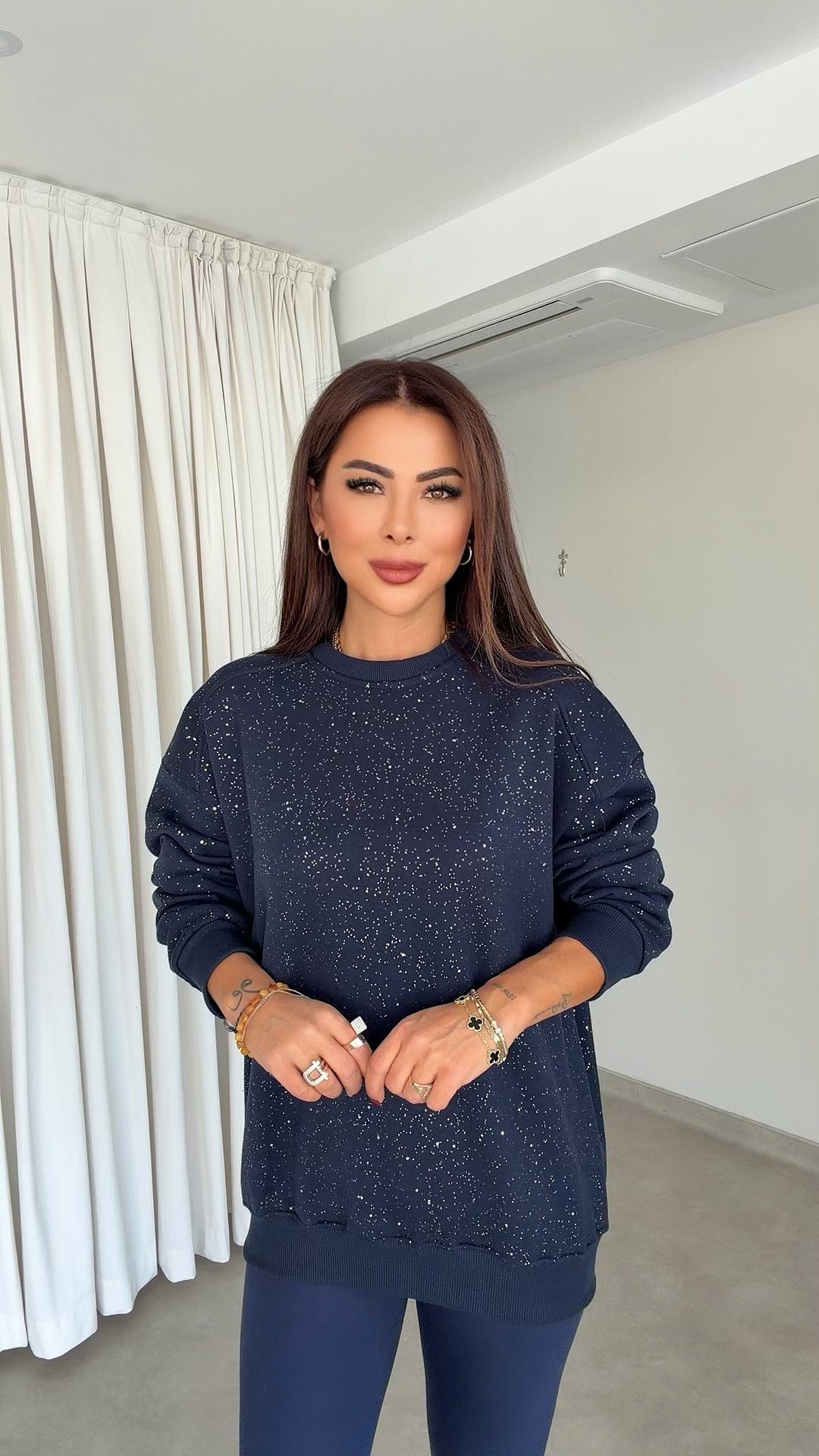 Moade Kadın Parıltılı Oversize Lacivert Sweat