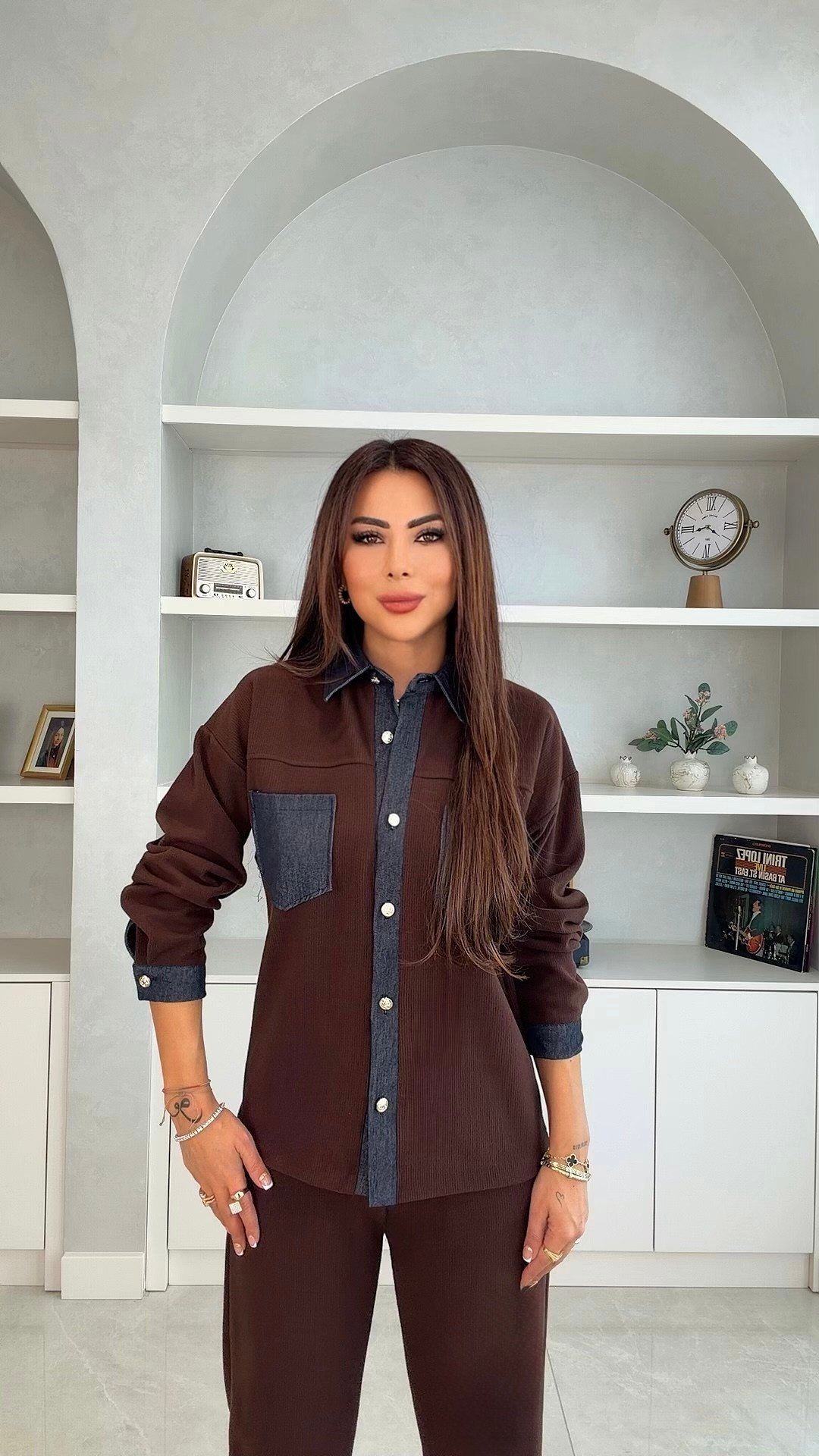 Mole Kadın Jean Cep Detaylı Fitilli Kahverengi Takım