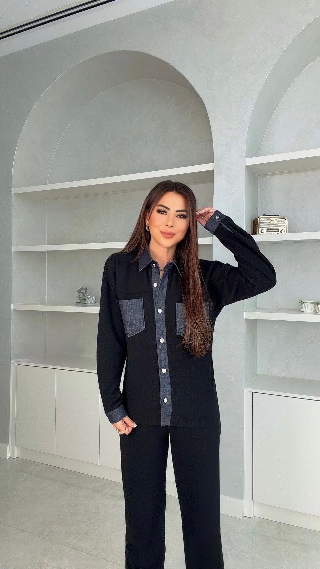 Mole Kadın Jean Cep Detaylı Fitilli Siyah Takım