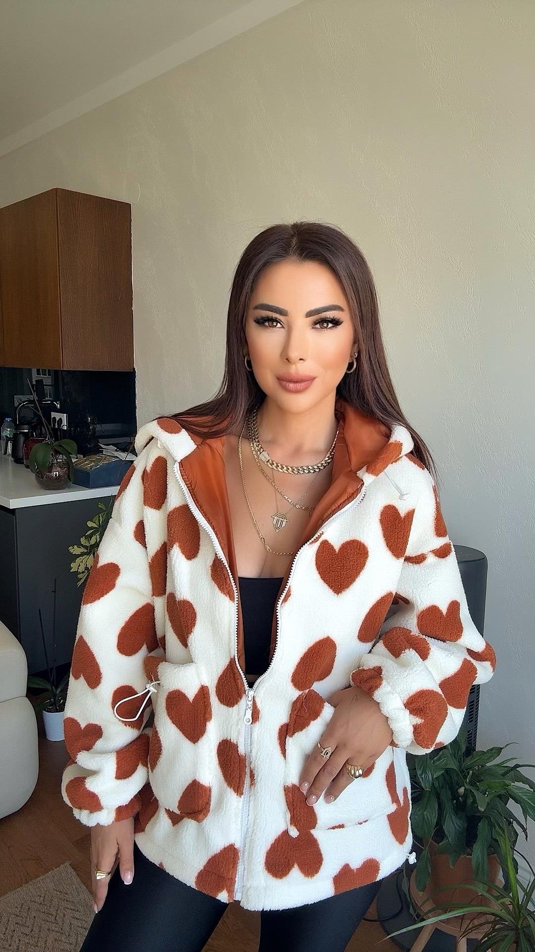 Muse Kadın Kalp Desenli Kiremit Peluş Mont