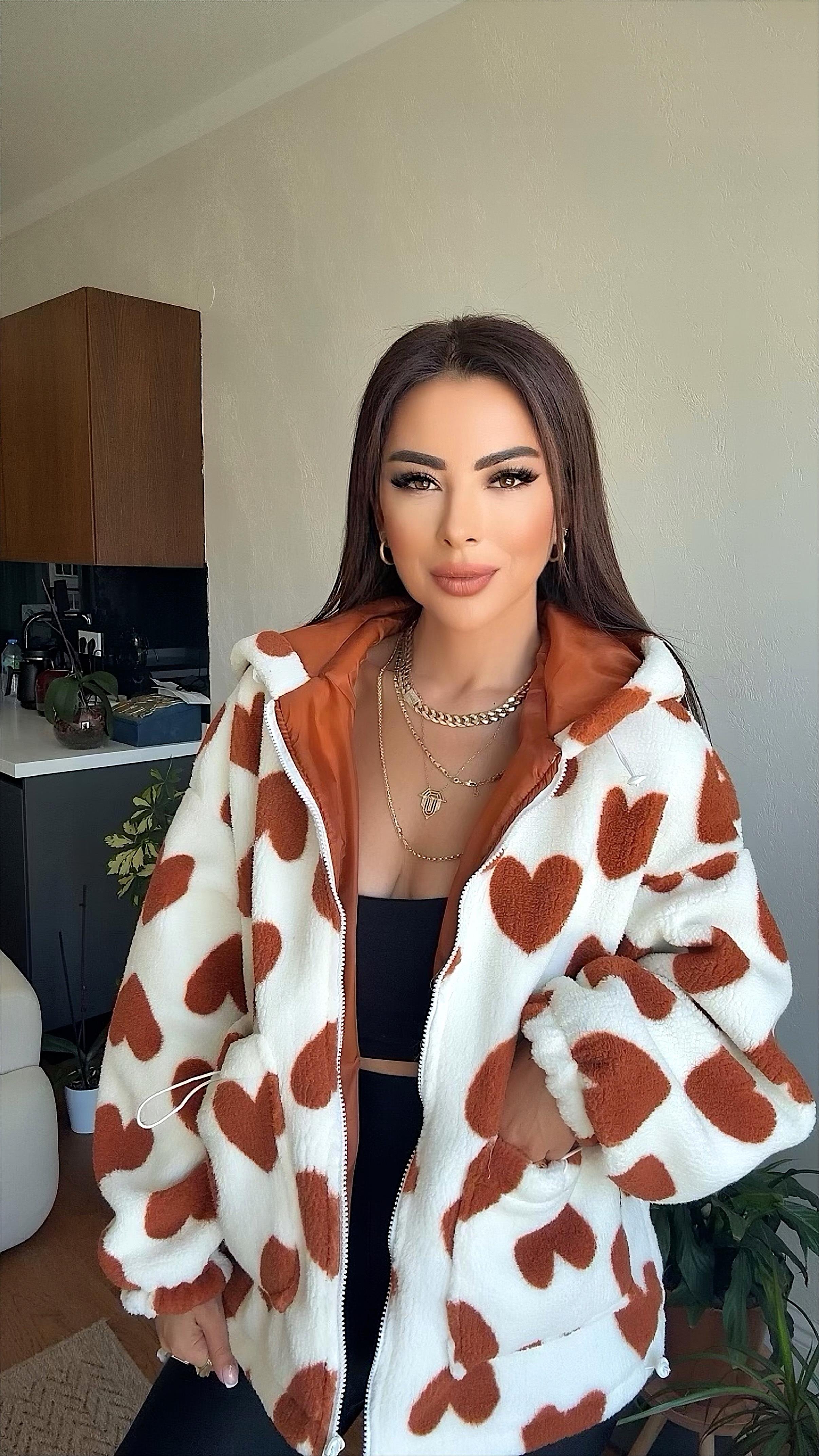 Muse Kadın Kalp Desenli Kiremit Peluş Mont