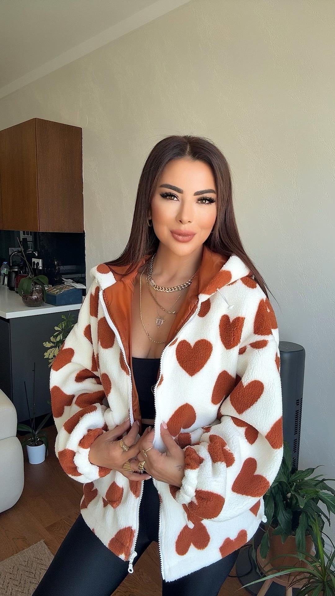 Muse Kadın Kalp Desenli Kiremit Peluş Mont