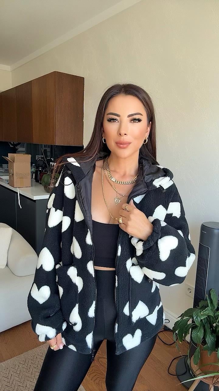 Muse Kadın Kalp Desenli Siyah Peluş Mont
