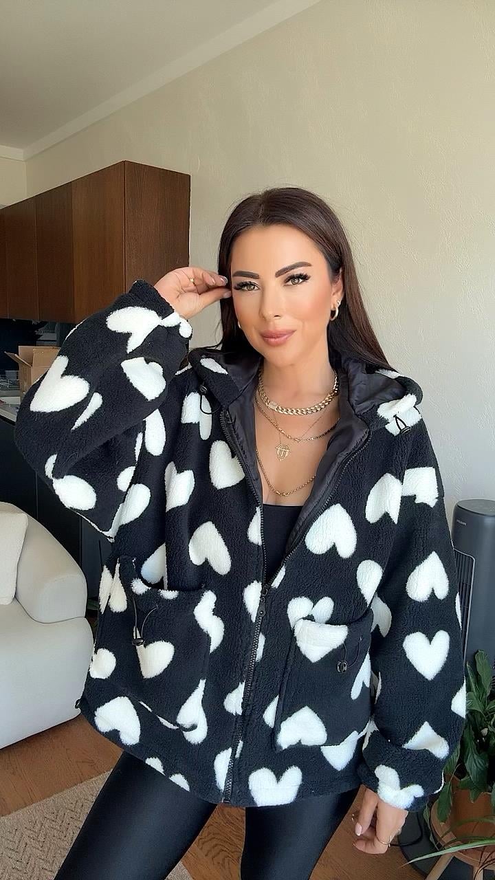 Muse Kadın Kalp Desenli Siyah Peluş Mont