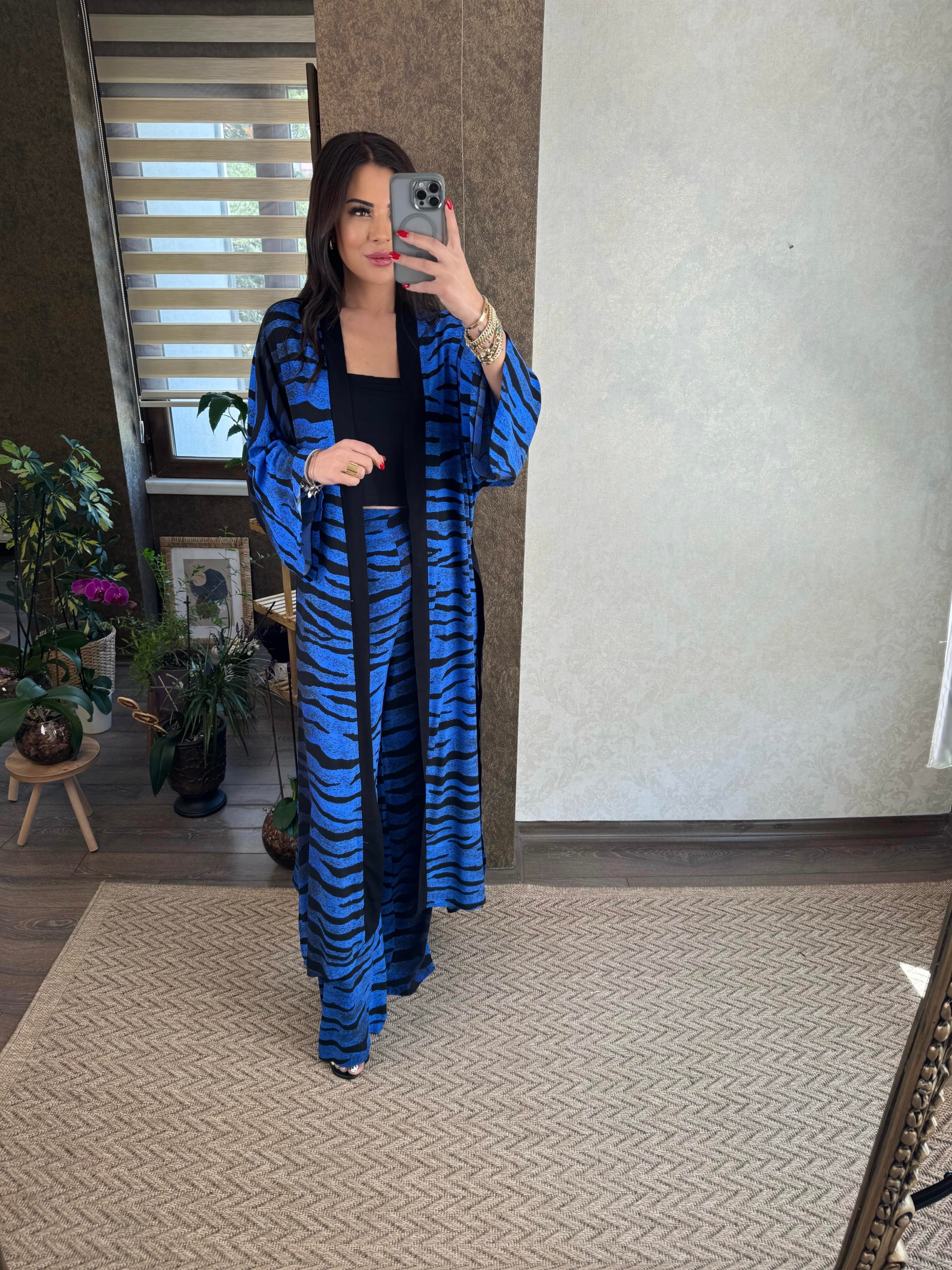 Naser Kadın Mavi Zebra Desenli Kimonolu Takım