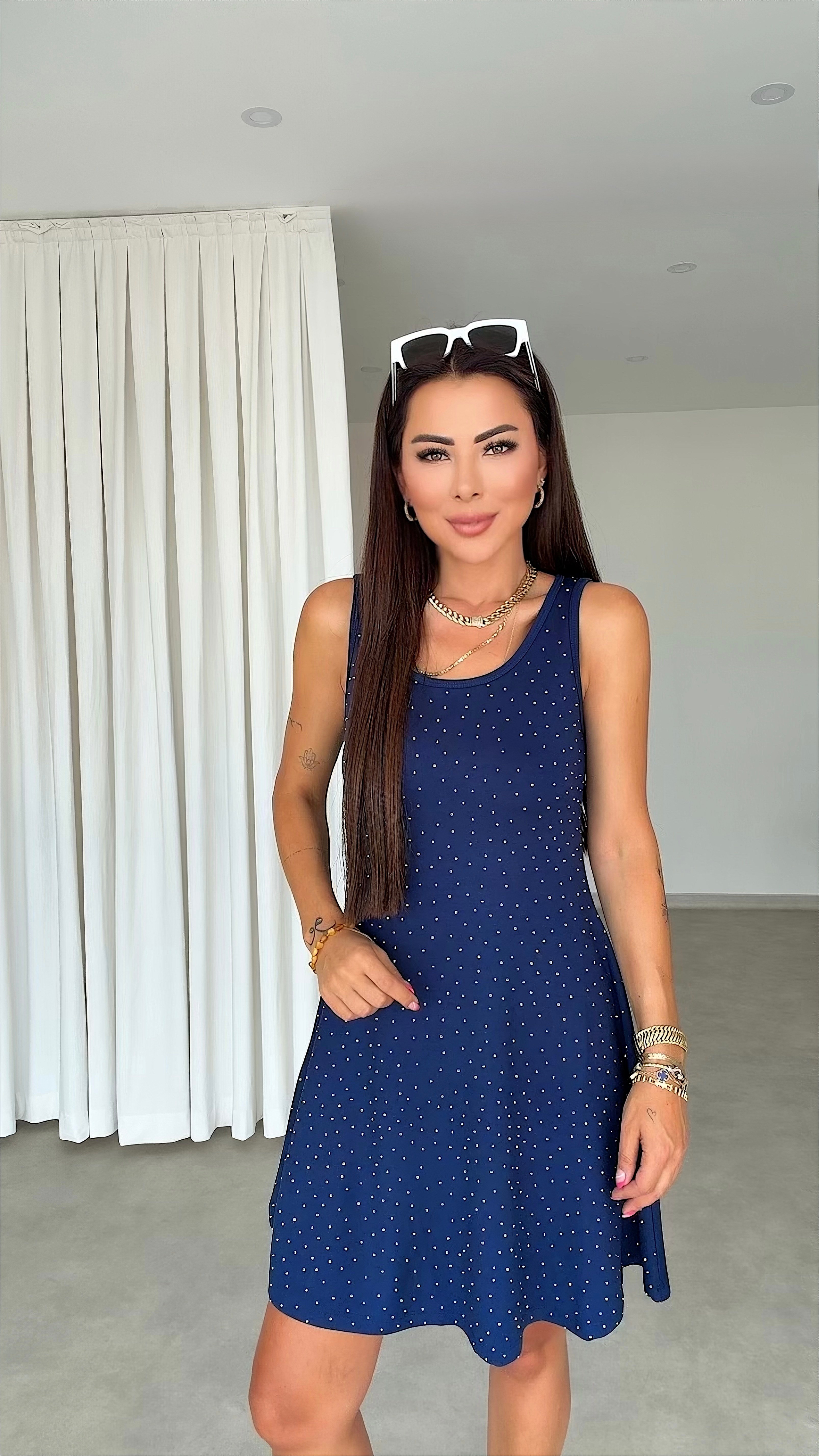 Nefi Kadın Taşlı Lacivert Elbise