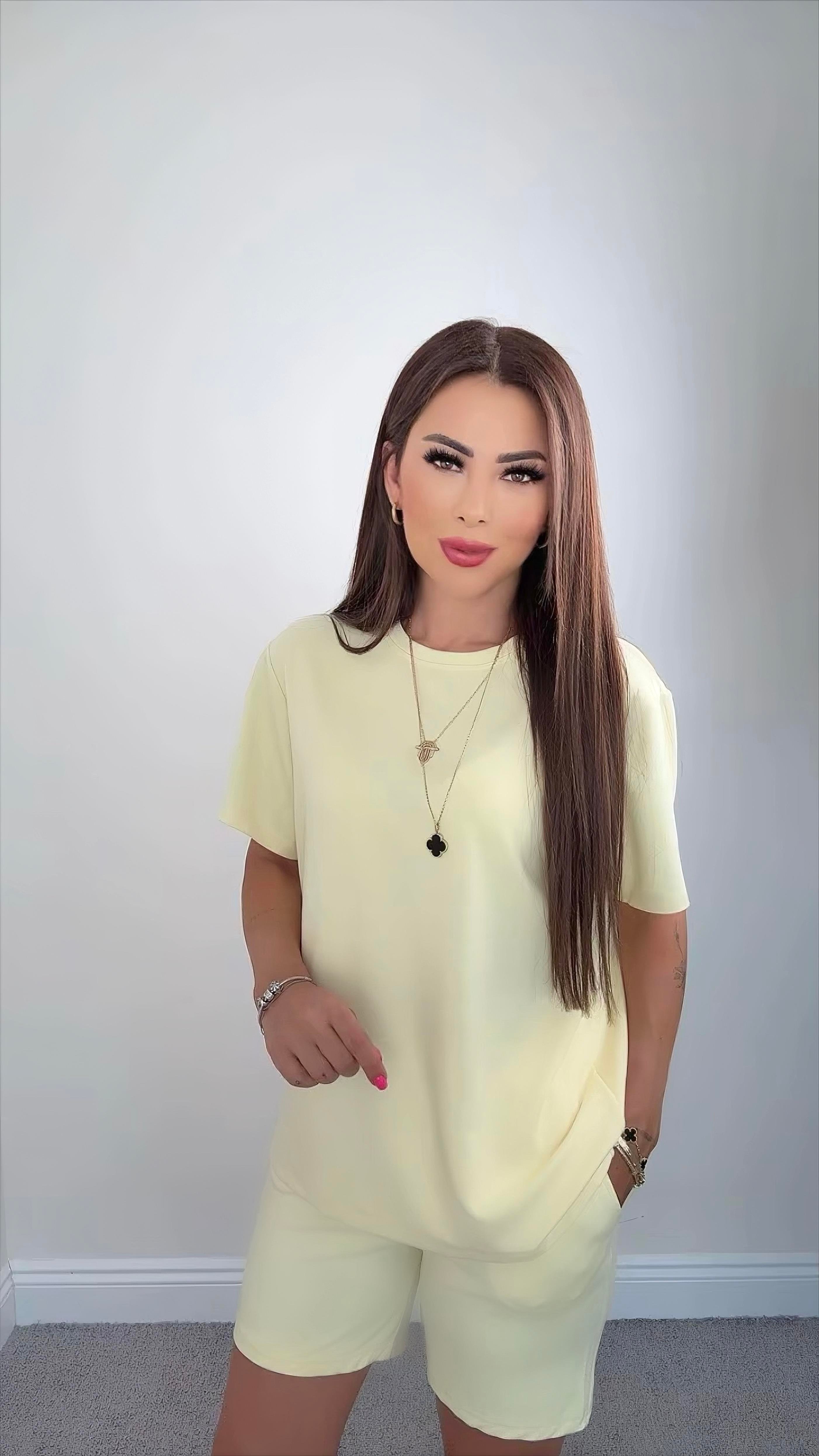 Ness Kadın Sıfır Yaka Sarı Şortlu Takım