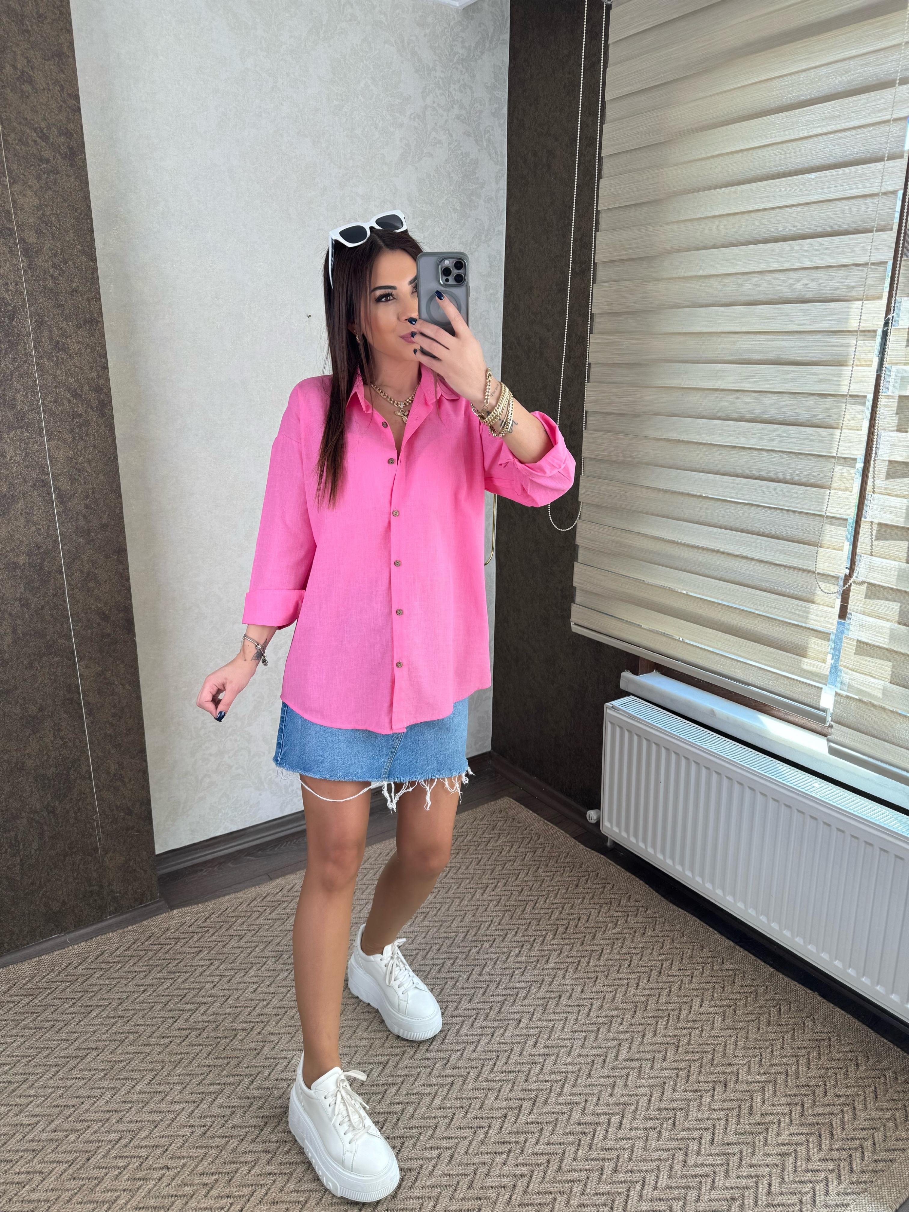 Nora Kadın Keten Oversize Pembe Gömlek