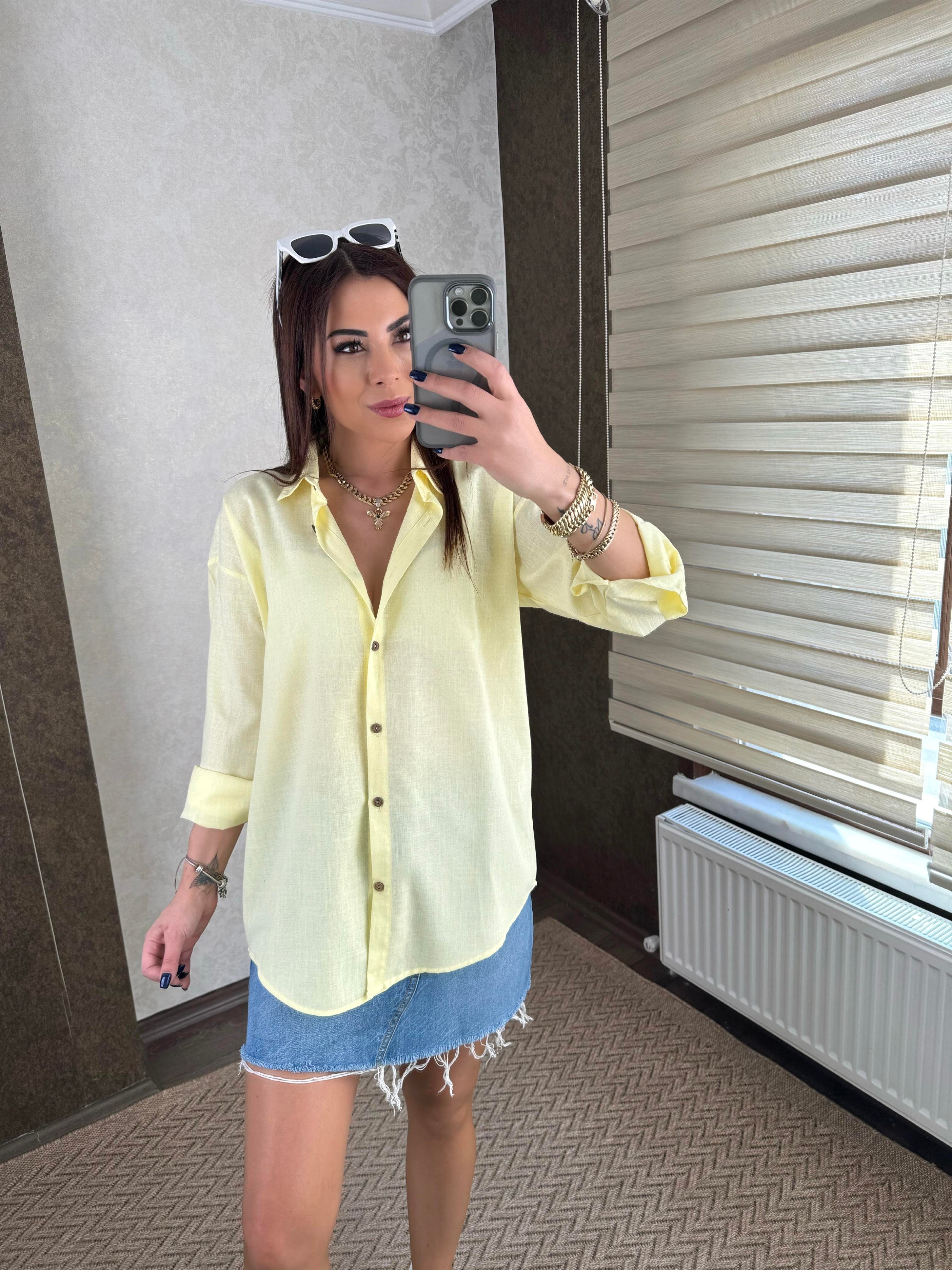 Nora Kadın Keten Oversize Sarı Gömlek