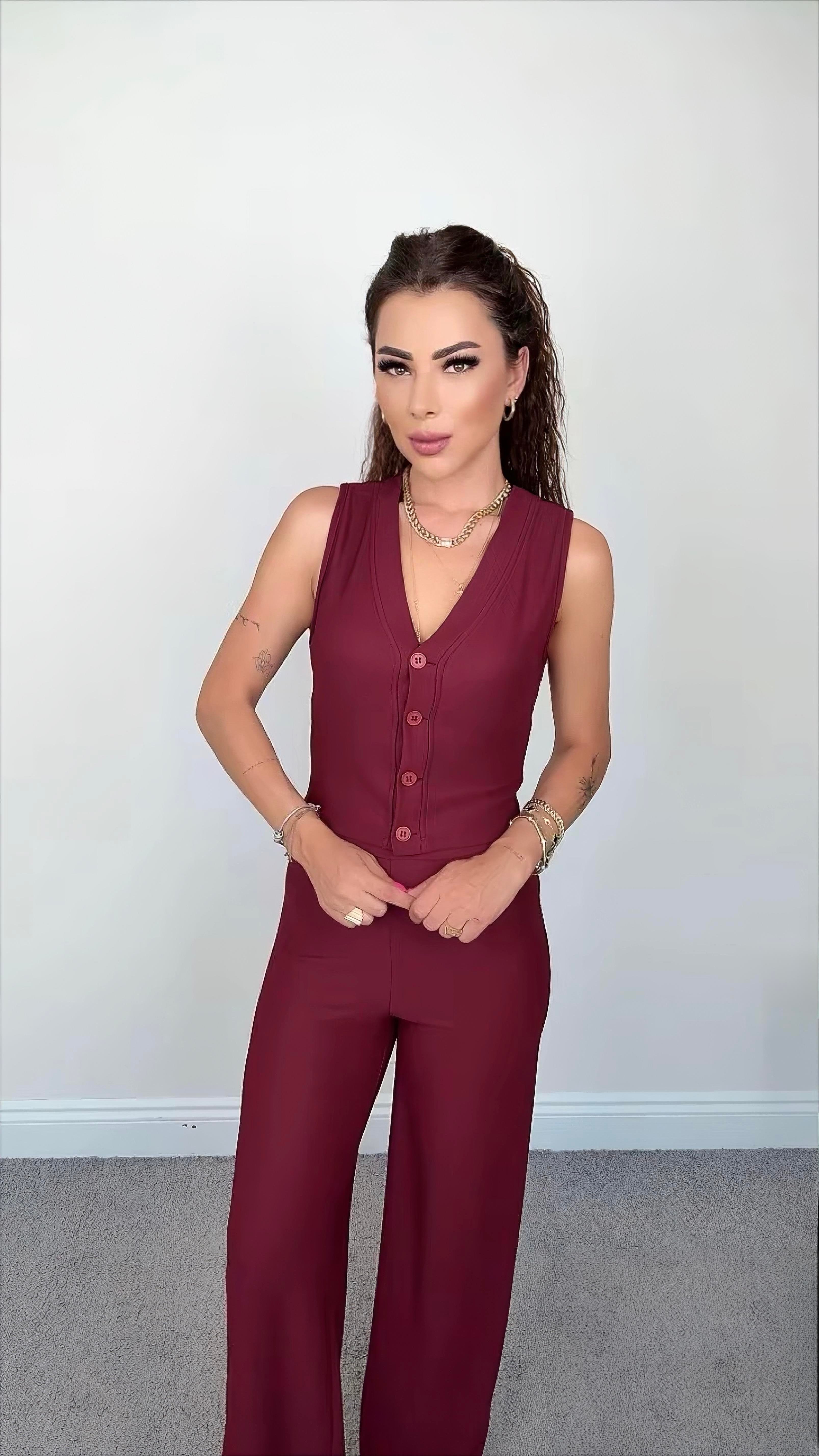 Pante Kadın Bordo Yelekli İkili Takım