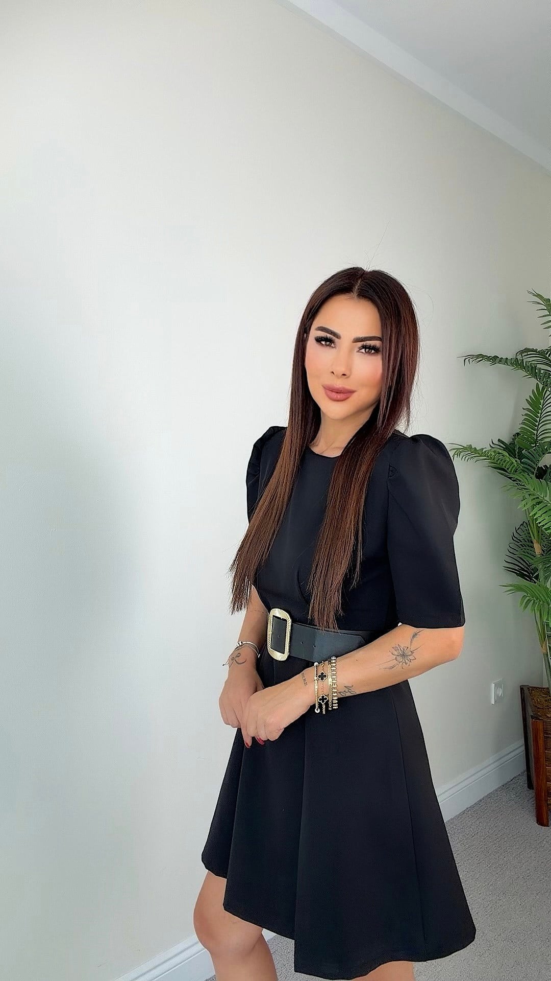 Paya Kadın Siyah Balon Kol Kemerli Elbise