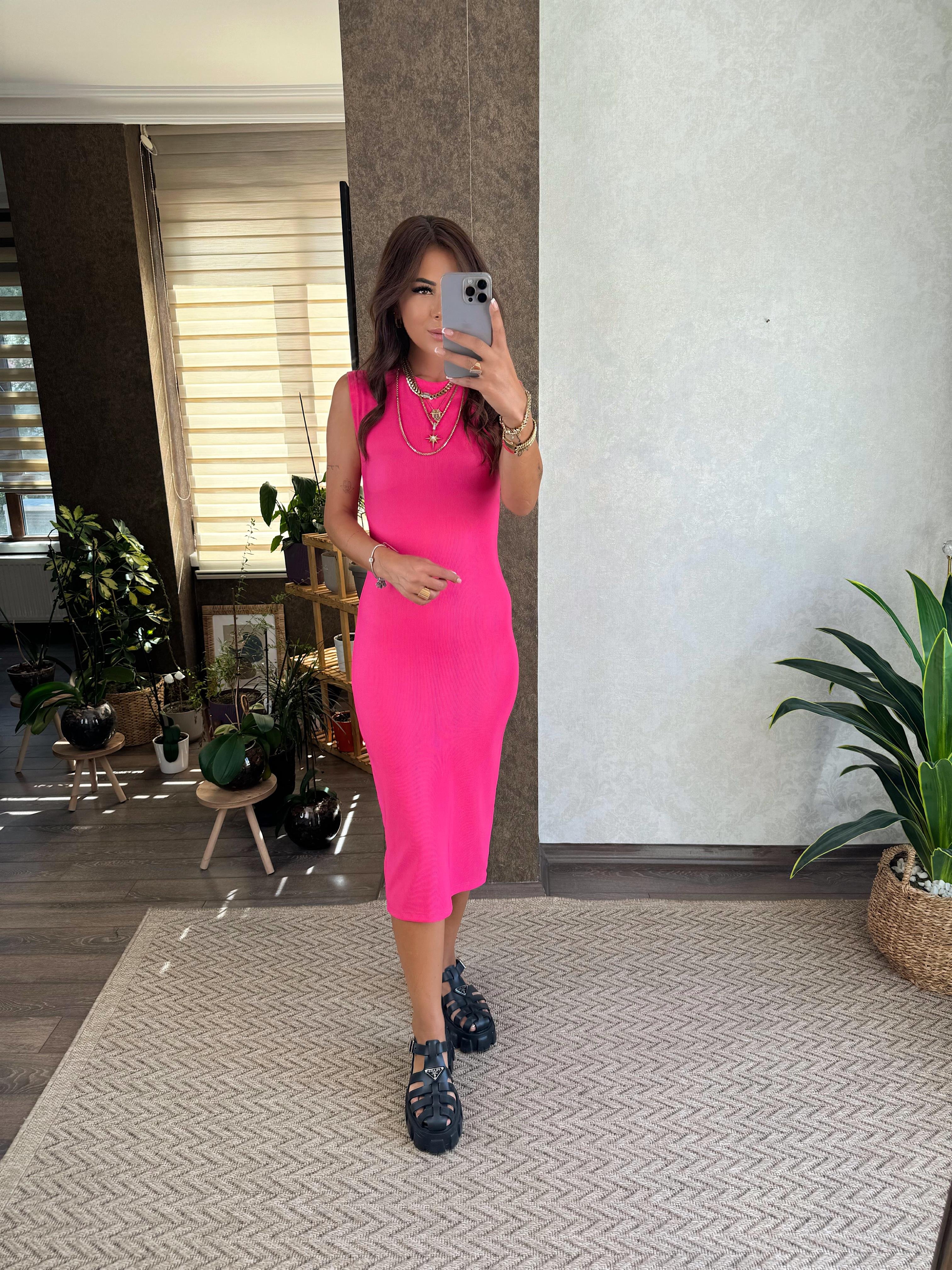 Pembe Basic Bisiklet Yaka Elbise
