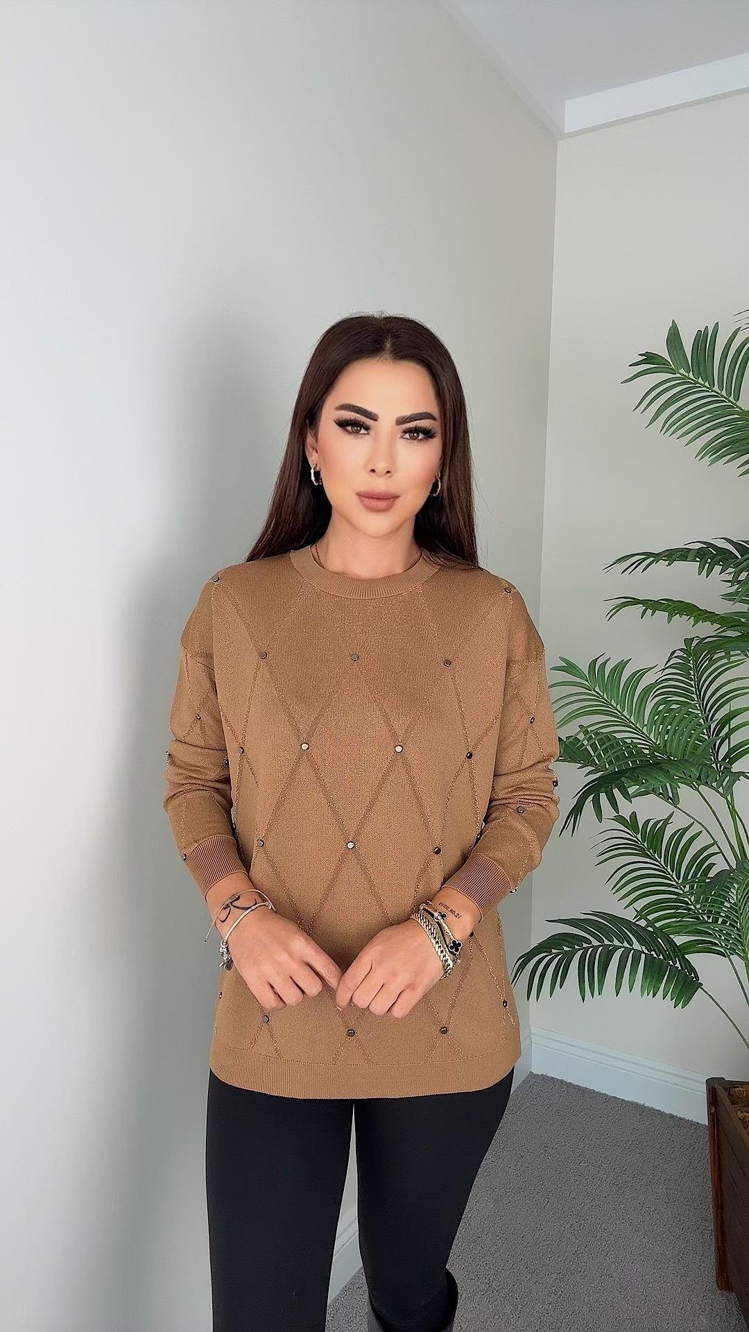 Penny Kadın Desenli ve Taş Detaylı Taba Triko