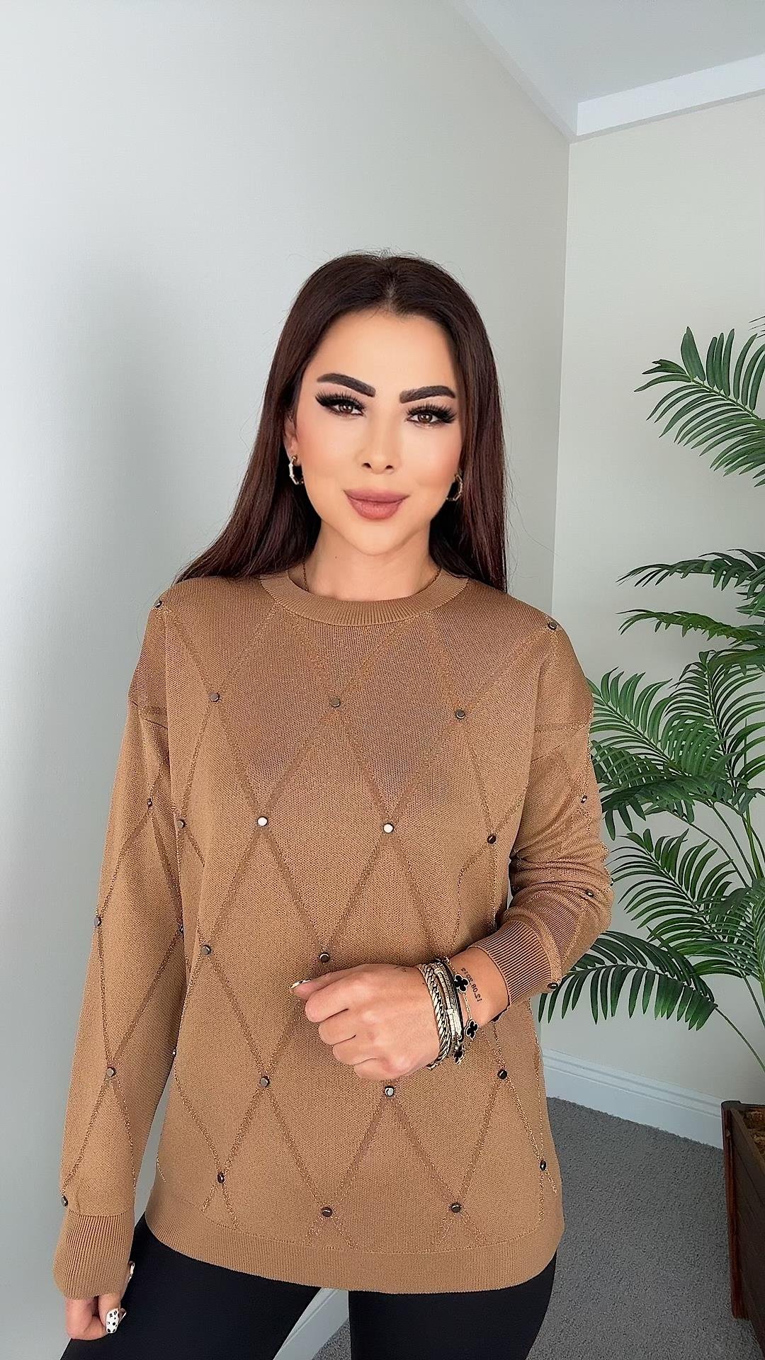 Penny Kadın Desenli ve Taş Detaylı Taba Triko