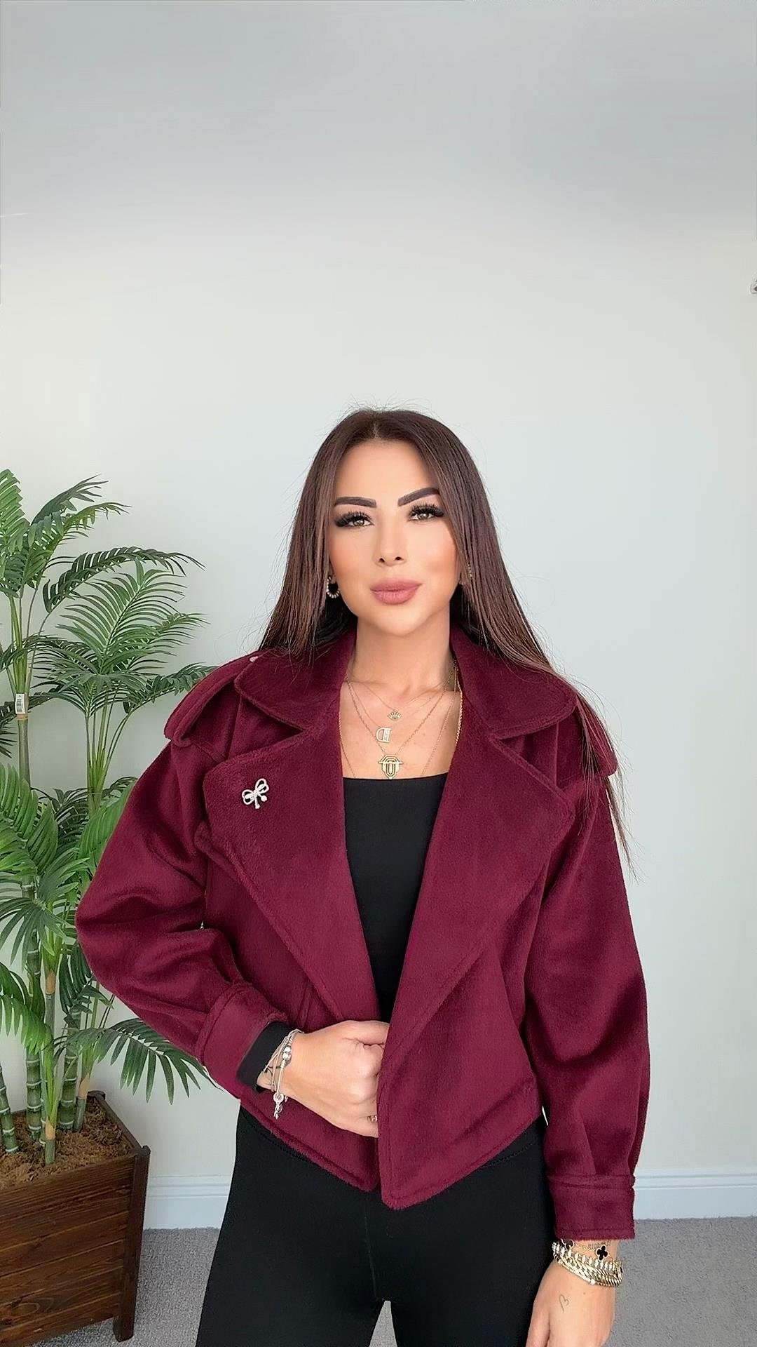 Piece Kadın Broş Detaylı Bordo Ceket Kaban 