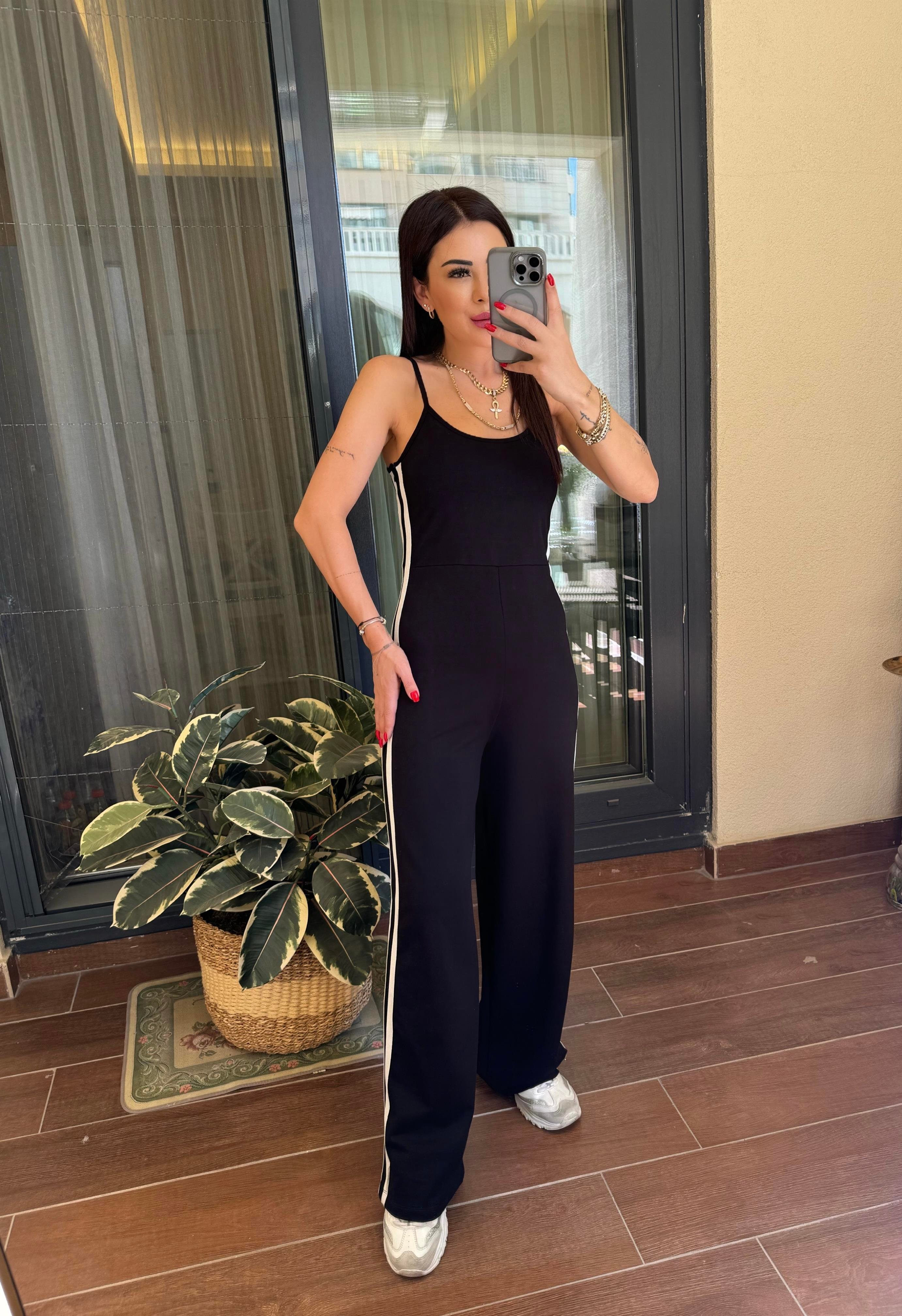 Poppy Kadın İp Askılı Çizgi Detaylı Siyah Tulum