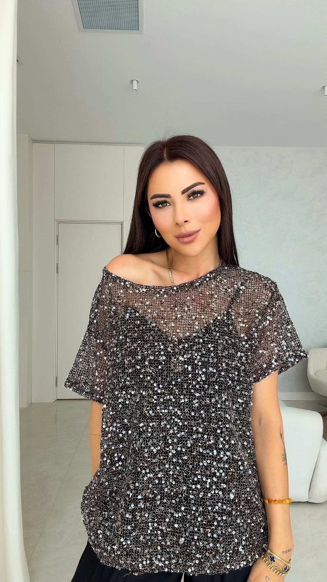 Pulin Kadın Pullu Payetli Kahverengi Bluz
