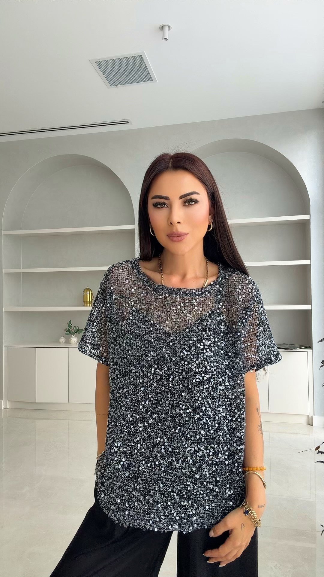 Pulin Kadın Pullu Payetli Lacivert Bluz