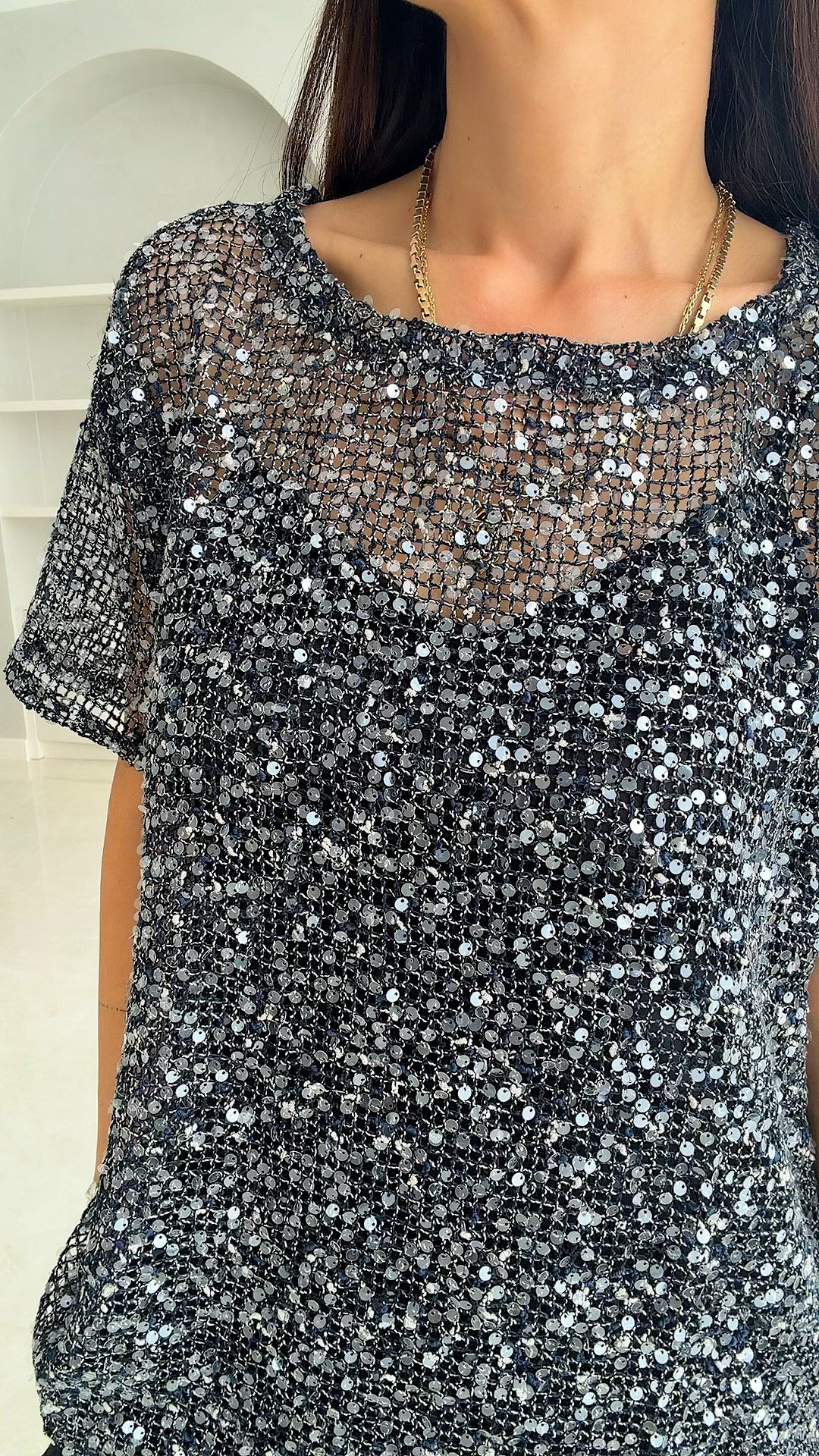 Pulin Kadın Pullu Payetli Lacivert Bluz
