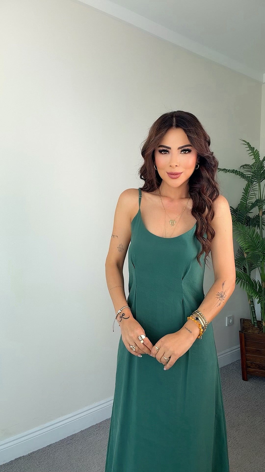 Qena Kadın Gömlekli İp Askılı Yeşil Elbise Takım