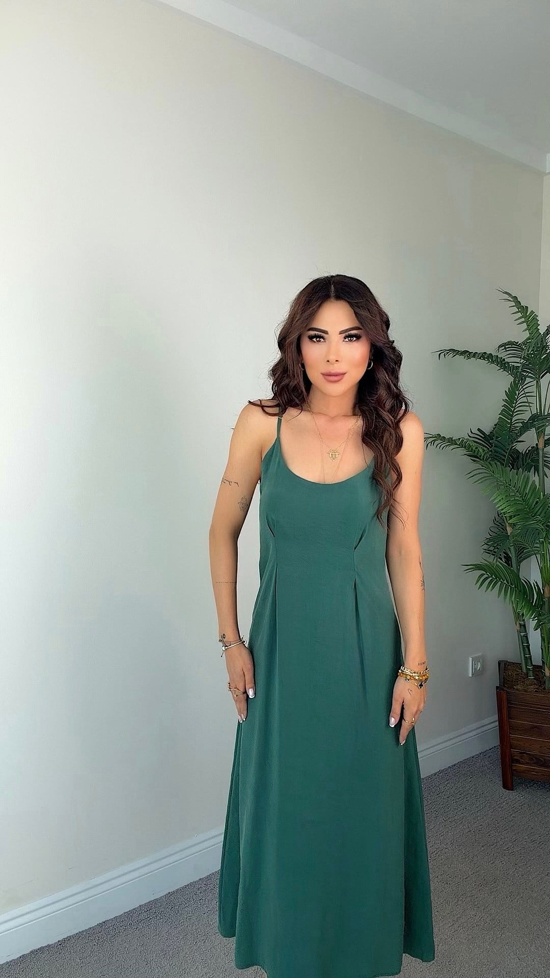 Qena Kadın Gömlekli İp Askılı Yeşil Elbise Takım