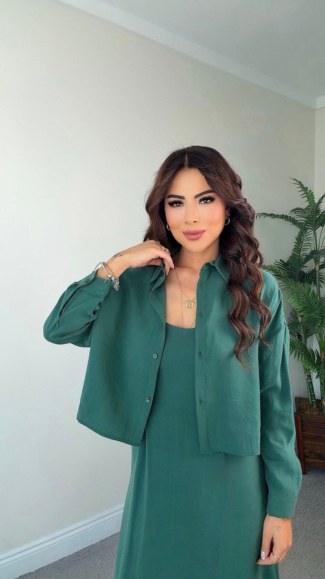 Qena Kadın Gömlekli İp Askılı Yeşil Elbise Takım