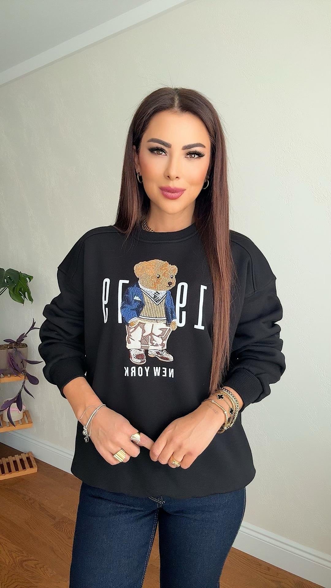 Rare Kadın Ayıcık İşlemeli Oversize Siyah Sweat